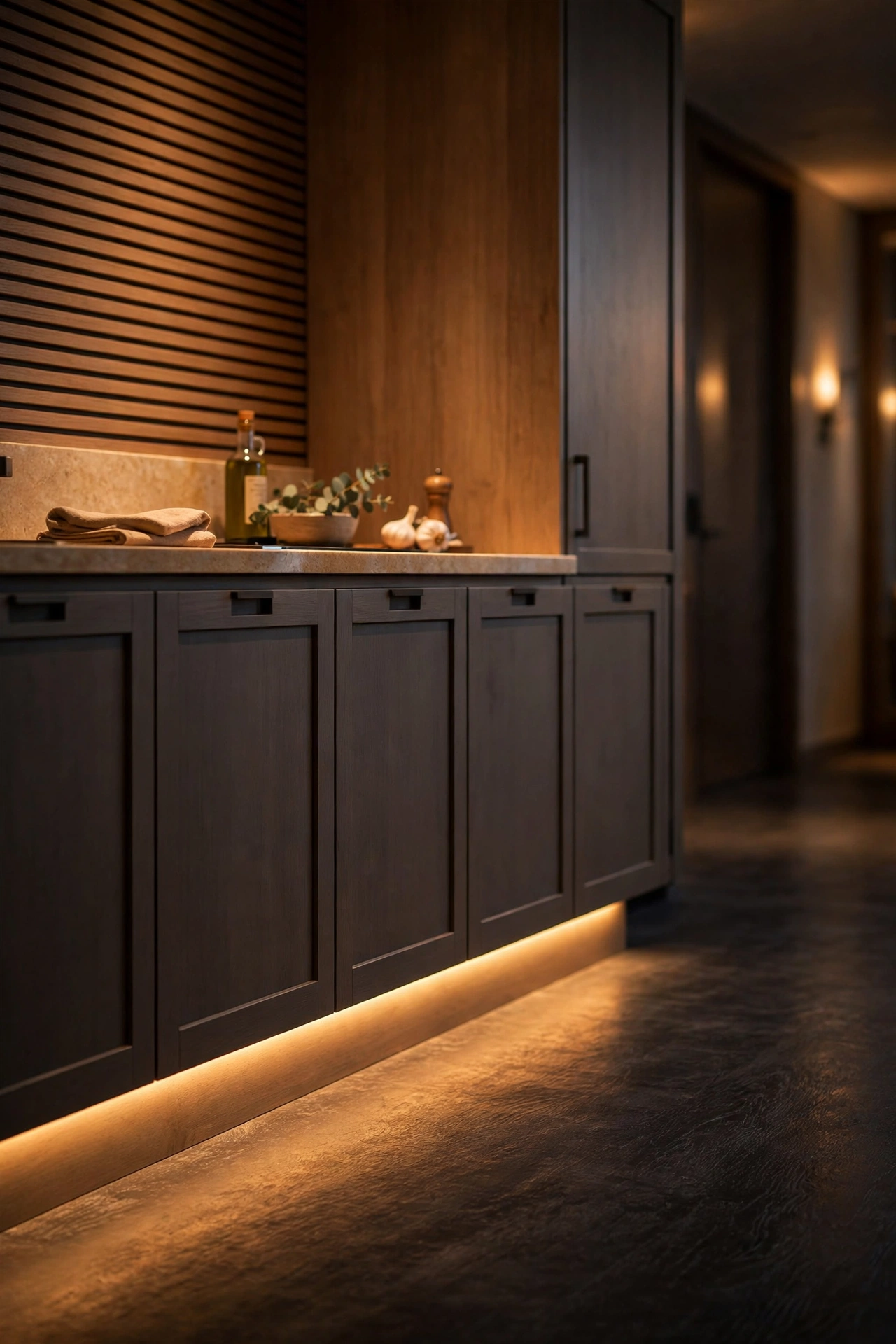 LED strip along the toe-kick making kitchen cabinets appear to float