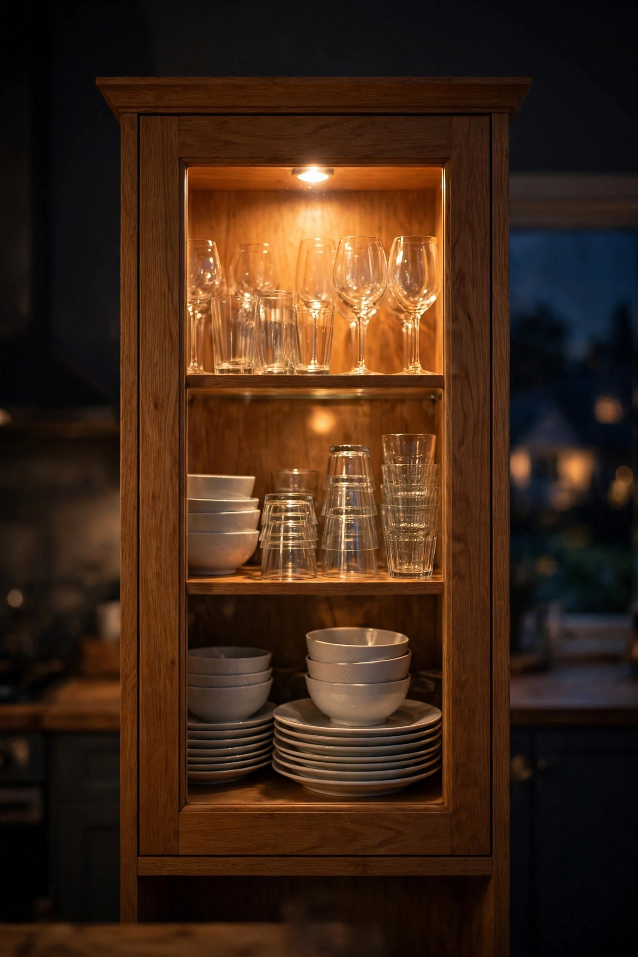 Tiny light inside a glass-fronted cabinet illuminating dishes