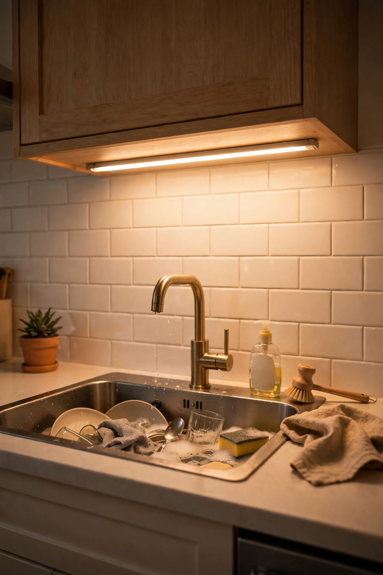 Dedicated LED bar lighting a kitchen sink area