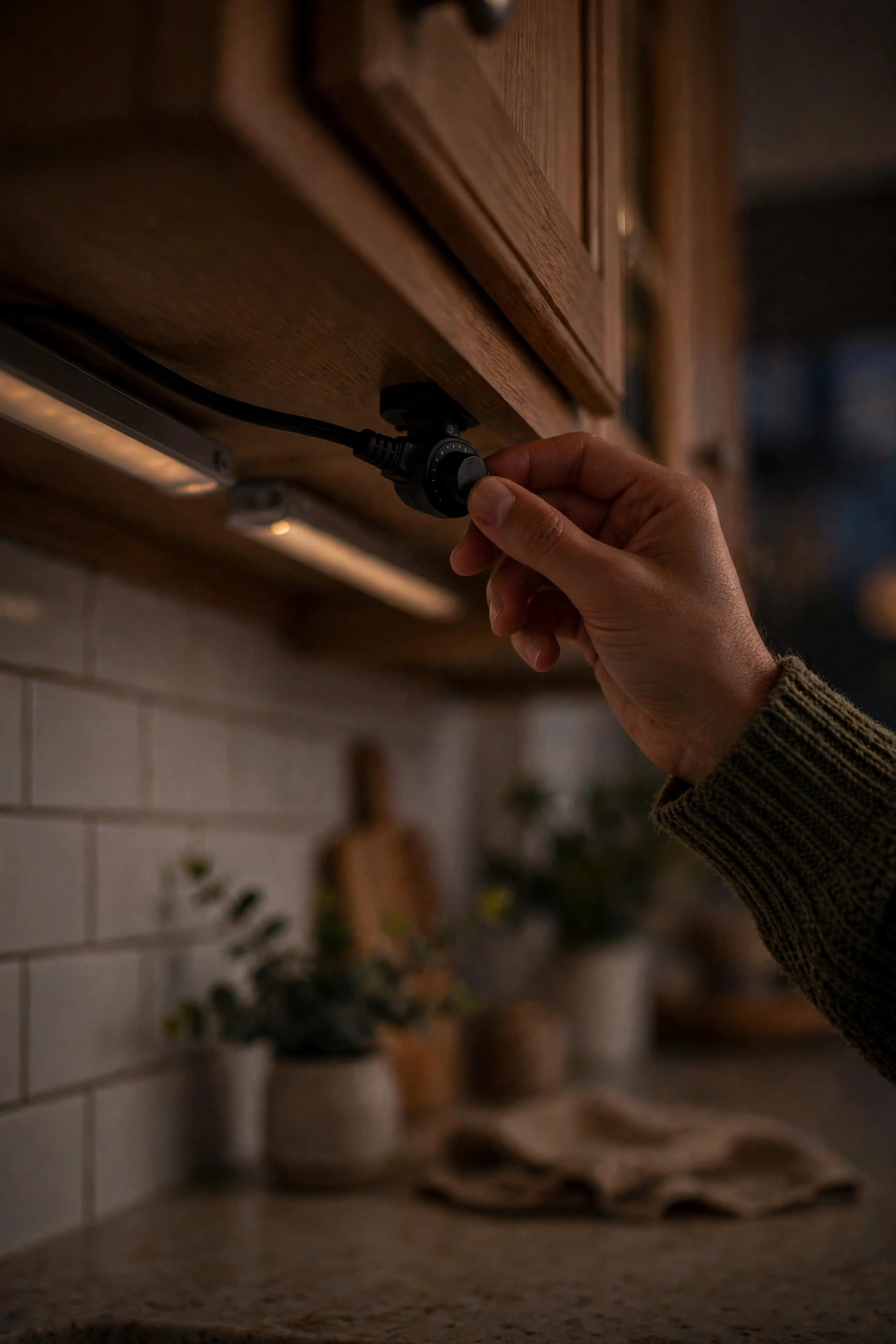Plug-in inline dimmer switch controlling under-cabinet lights