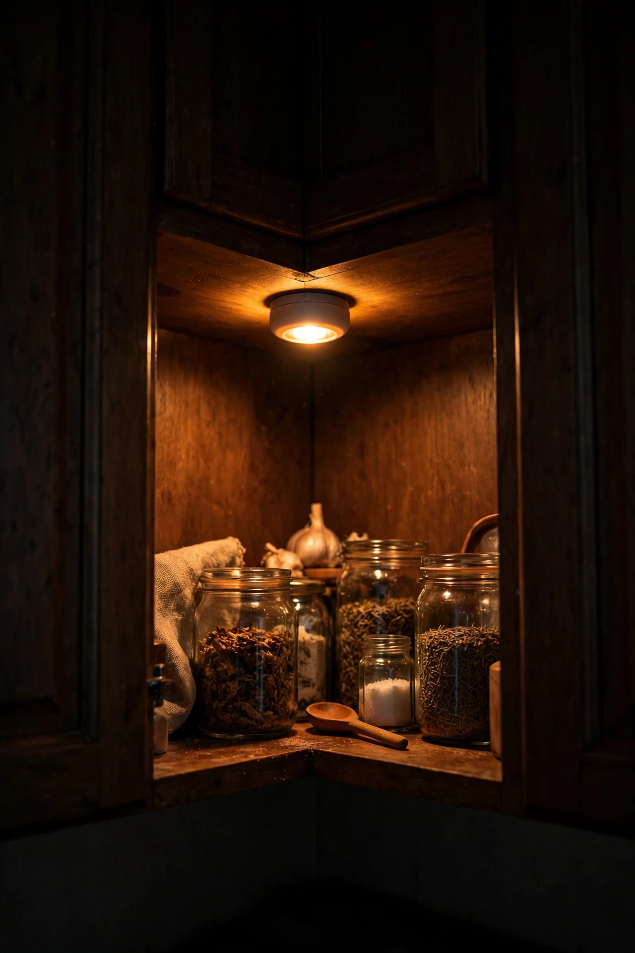 Small rechargeable motion light in a dark kitchen corner