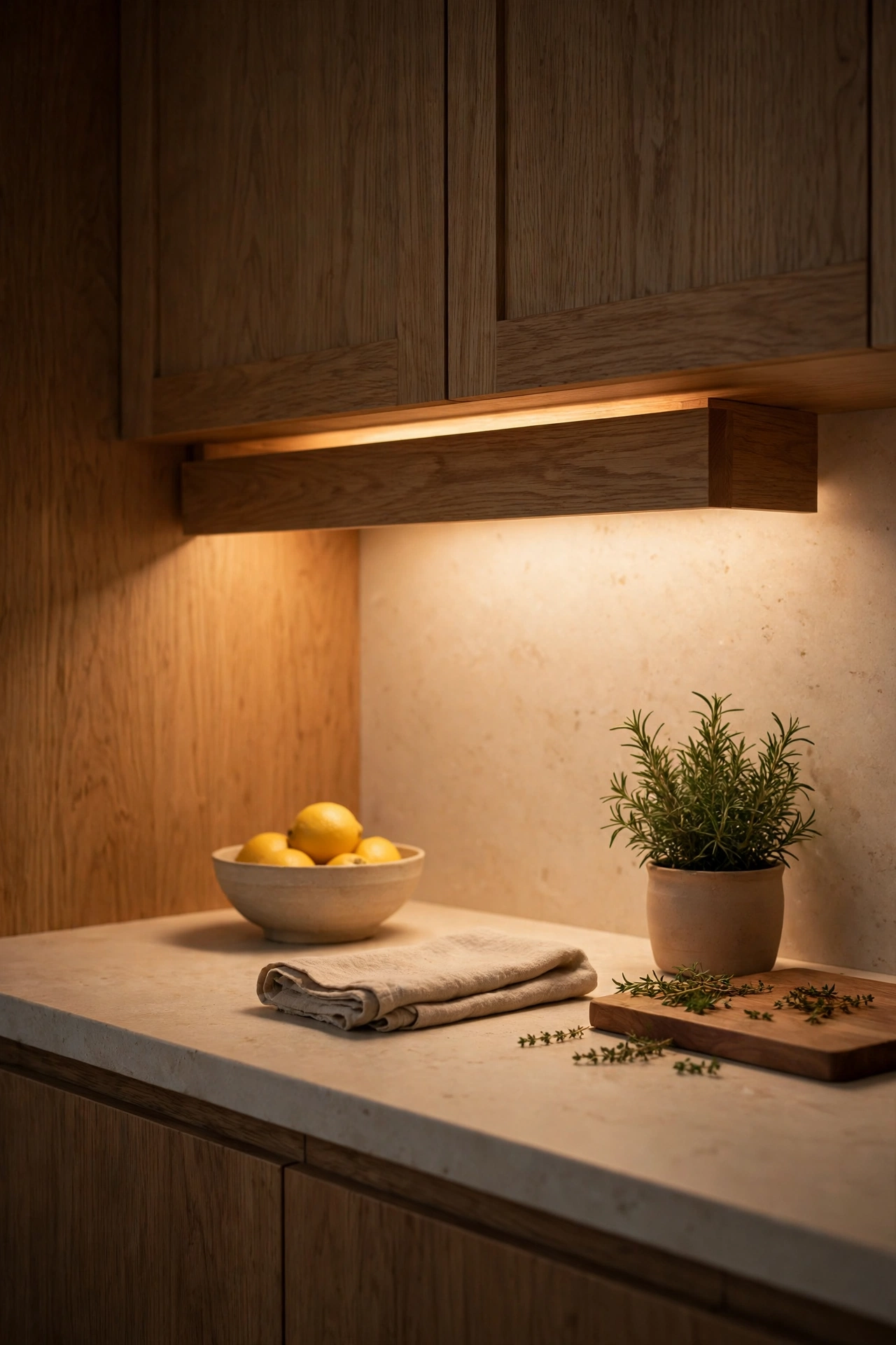 Slim LED rope light tucked behind a cabinet pelmet