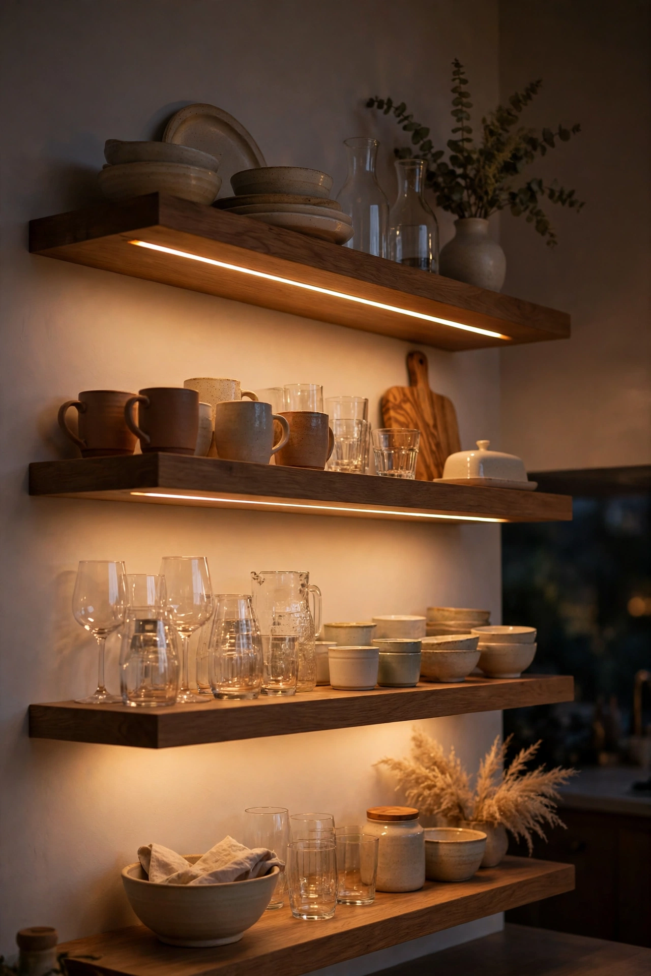 Open kitchen shelves with slim lights under each shelf
