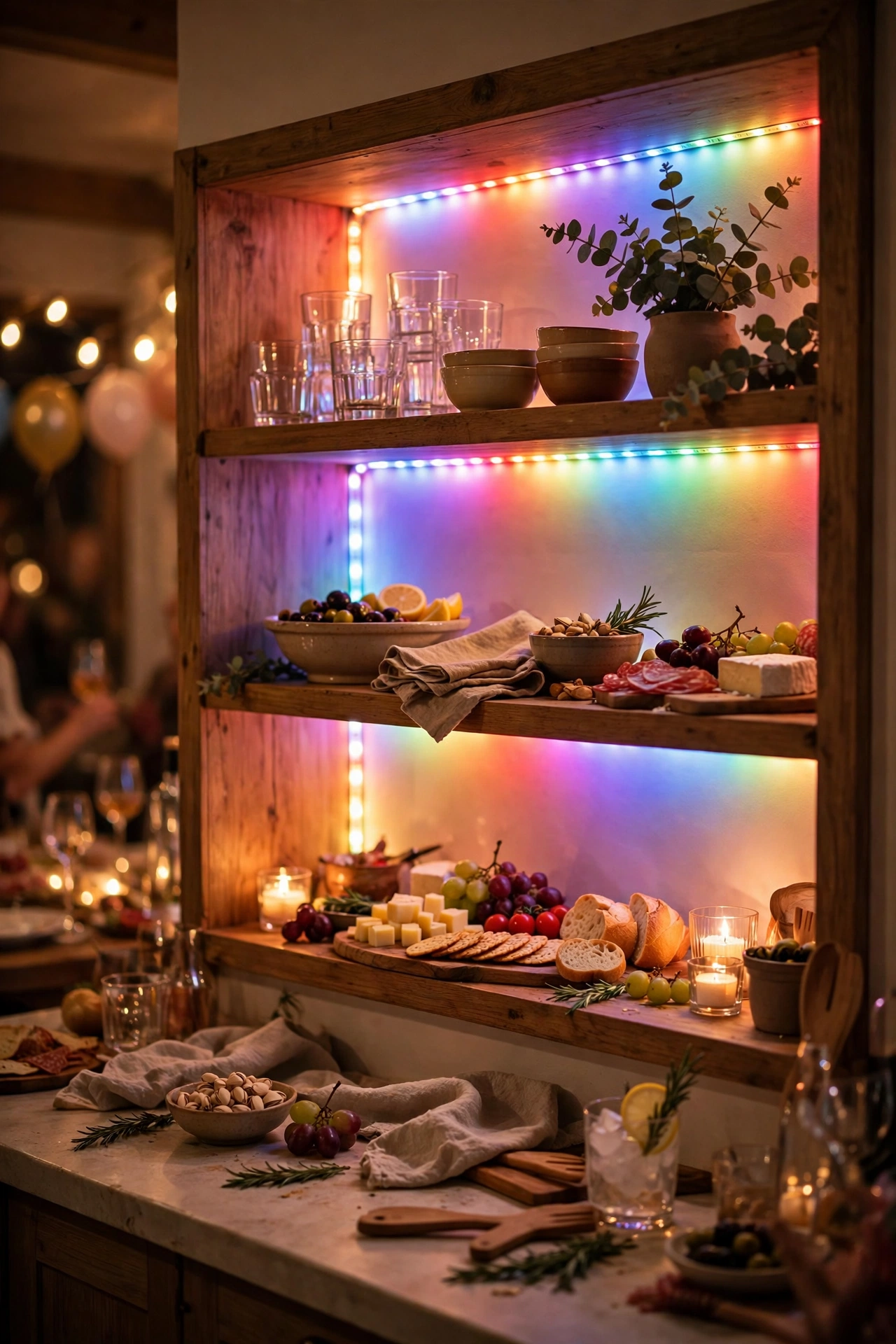 Colour-changing RGB LED strips glowing behind kitchen shelving