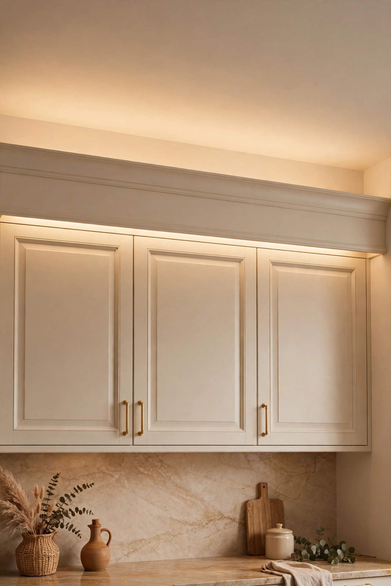 Linkable light bars hidden behind a valance above cabinets