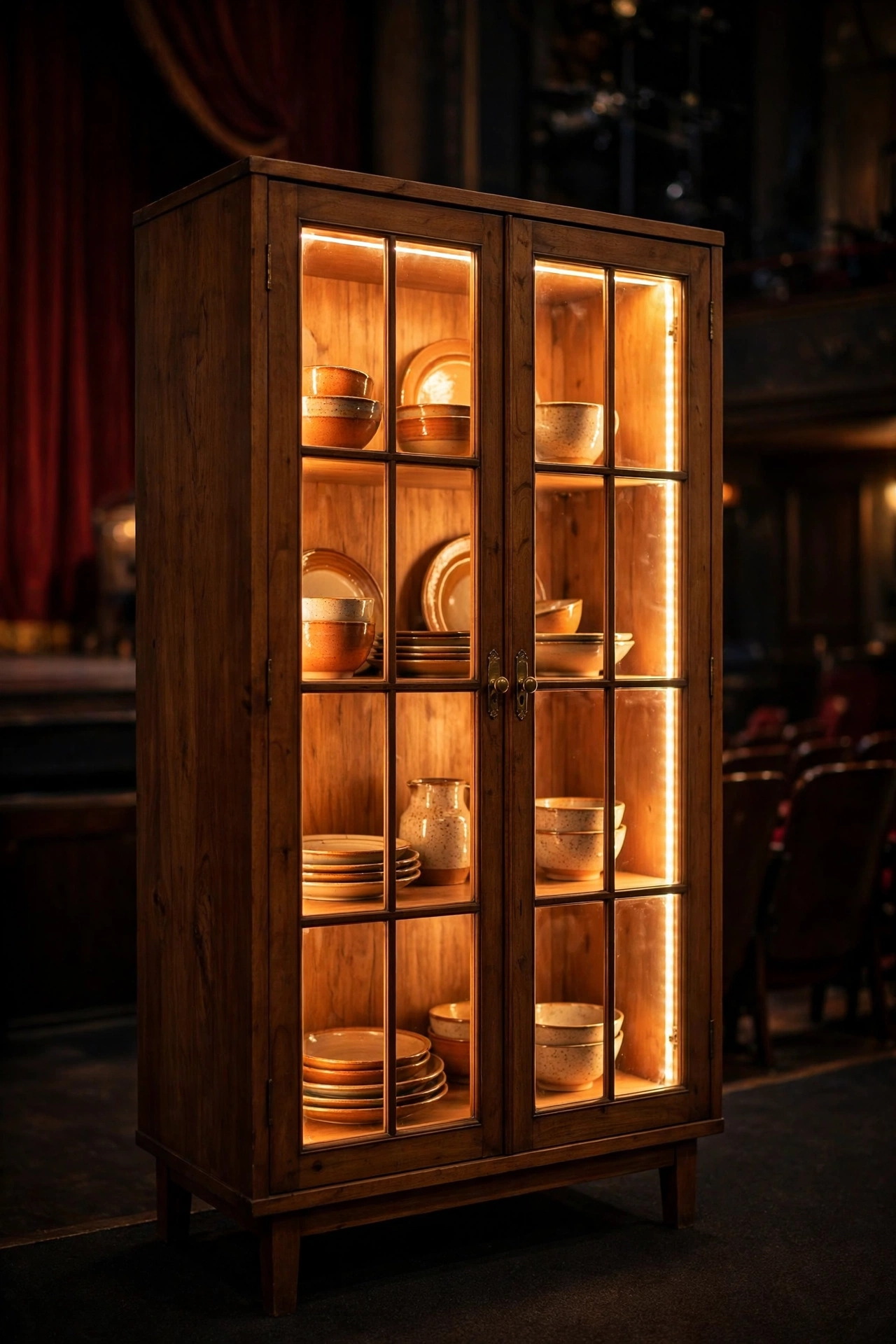 Battery strip lighting the inside of a glass-door dresser