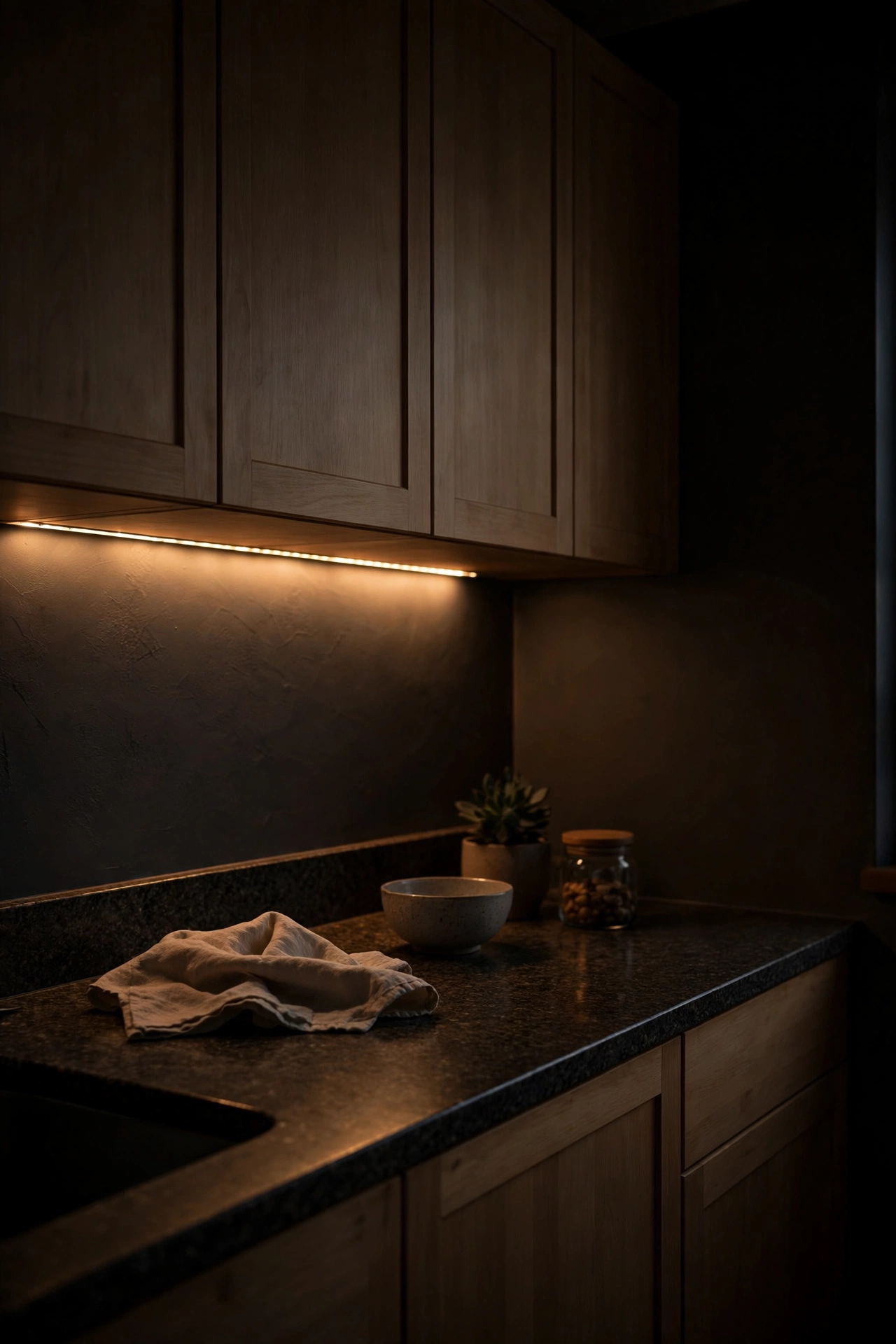 Dim warm under-cabinet strip on a timer as a kitchen night light