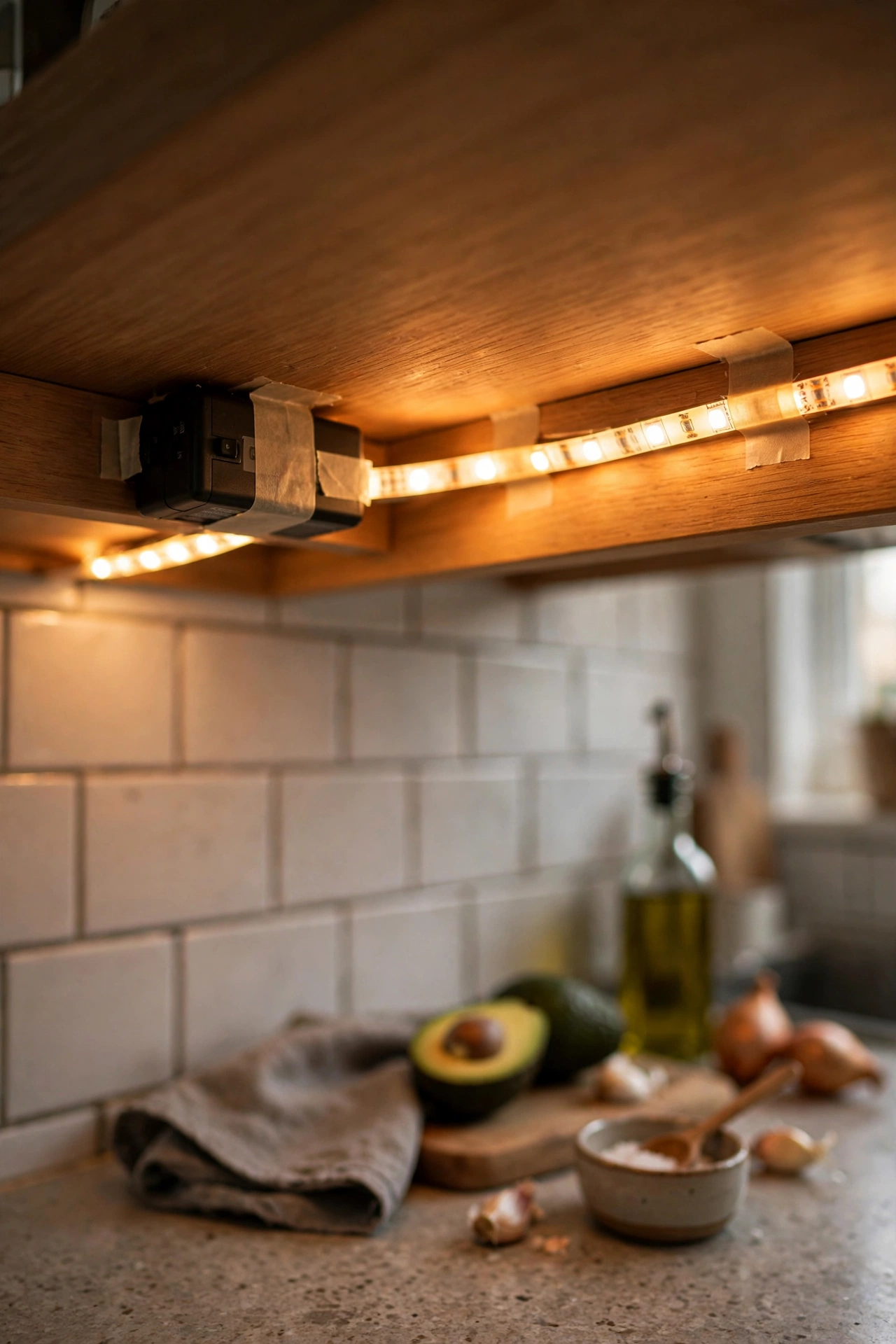 Removable-tape LED strip in a strict rental kitchen