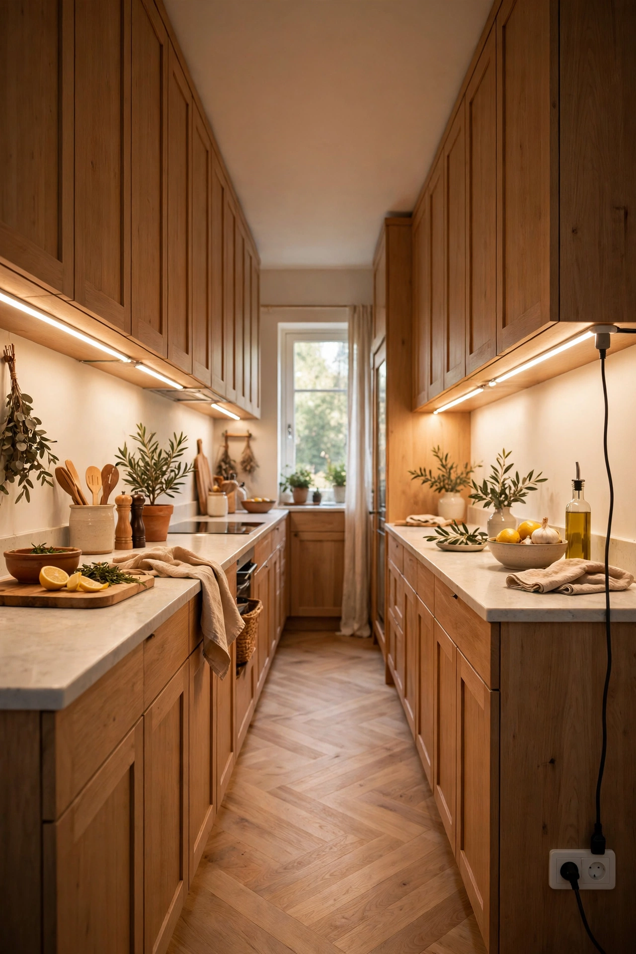 Linkable LED bars lighting a long galley kitchen from one plug