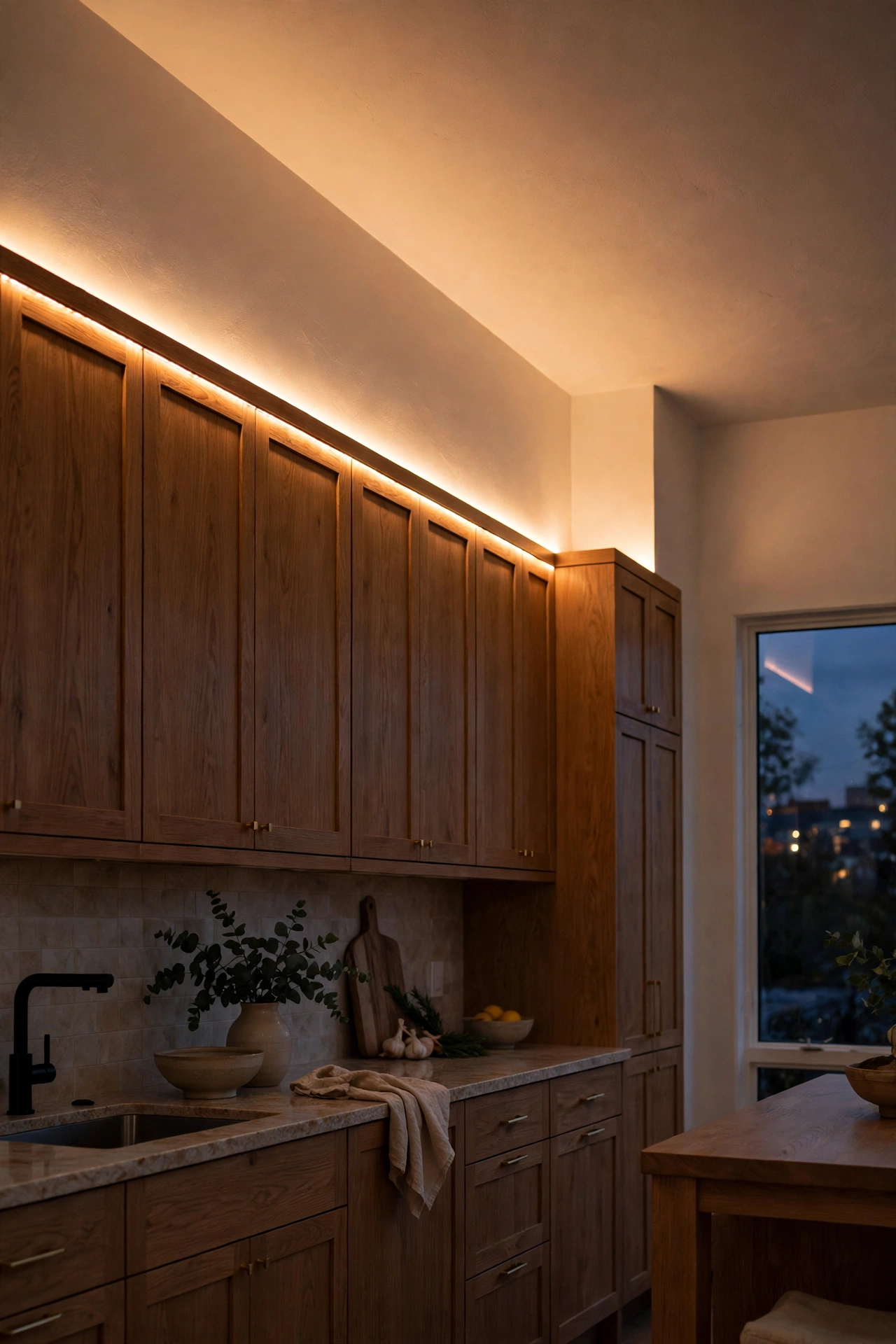 LED strips on top of wall cabinets bouncing light off the ceiling