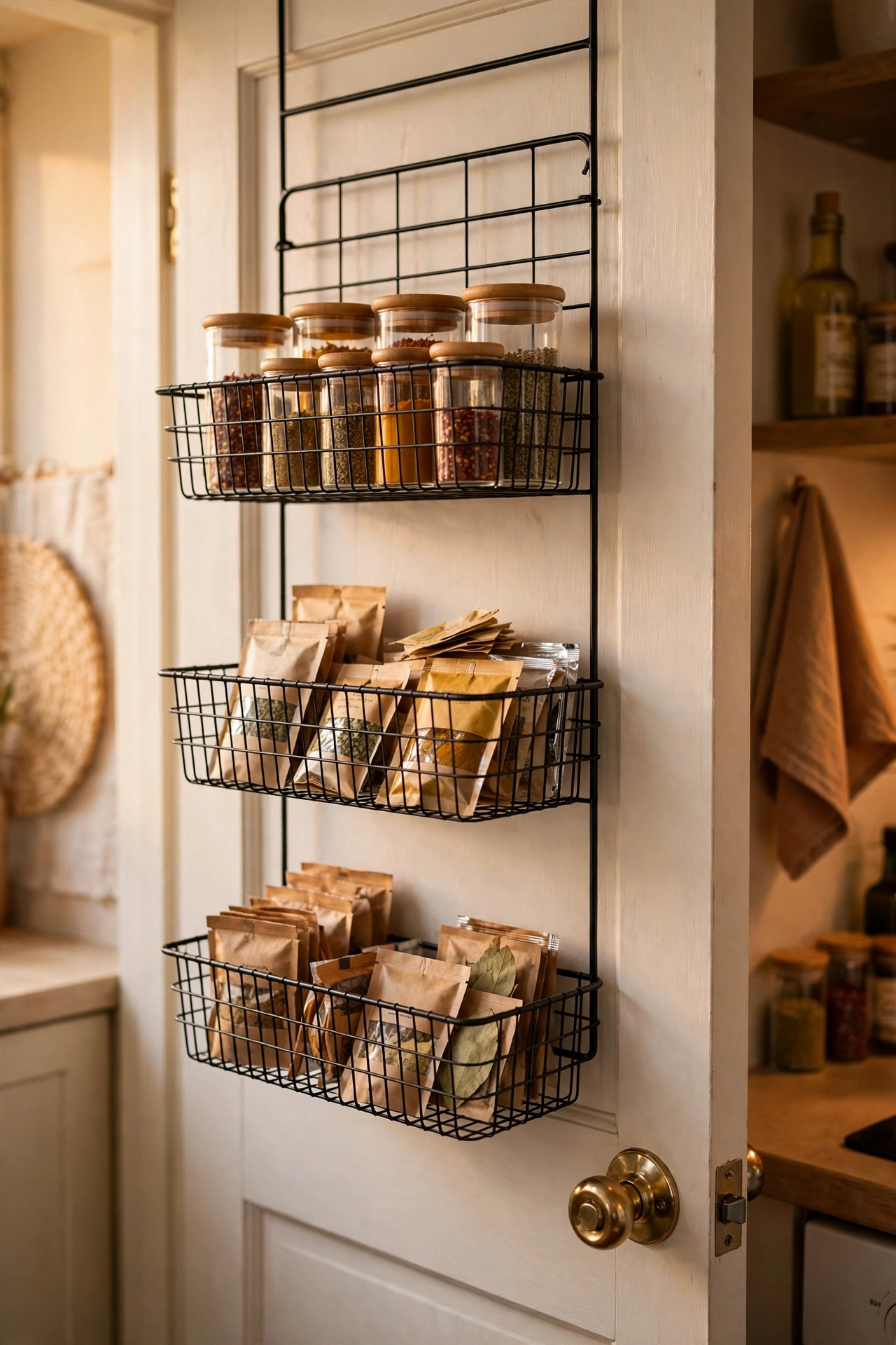 Over-door wire rack with baskets holding spices in a small kitchen