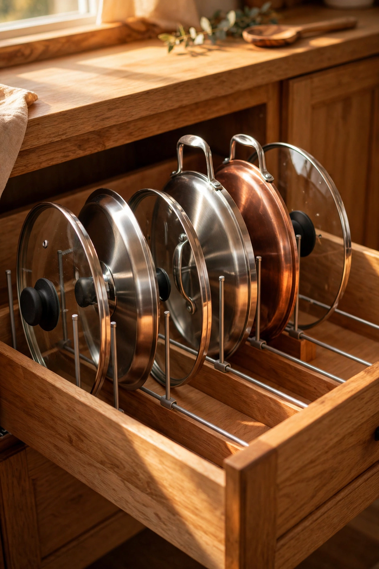 Tension rods dividing pan lids upright inside a kitchen drawer