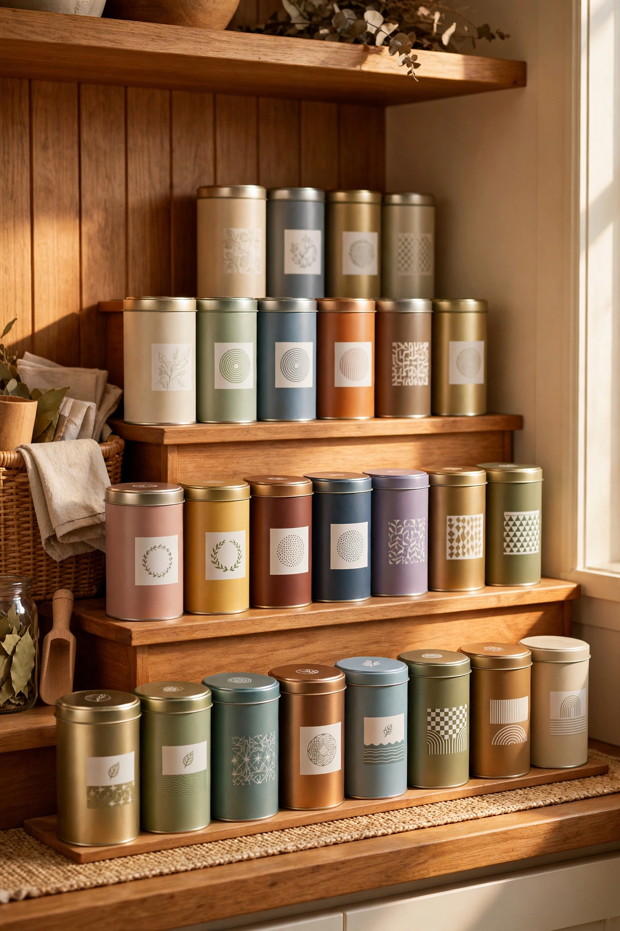 Tiered can risers showing all tin labels on a pantry shelf