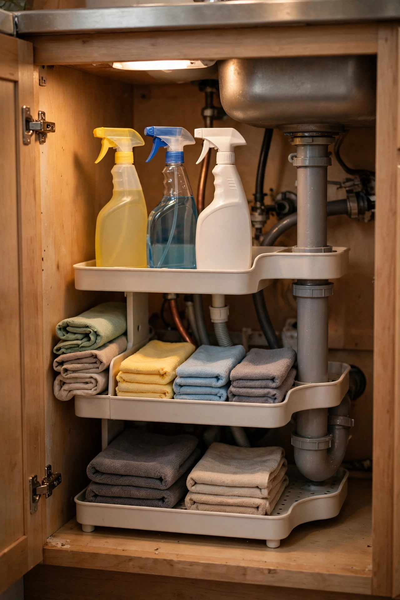 Tiered organiser fitting around pipes under a kitchen sink