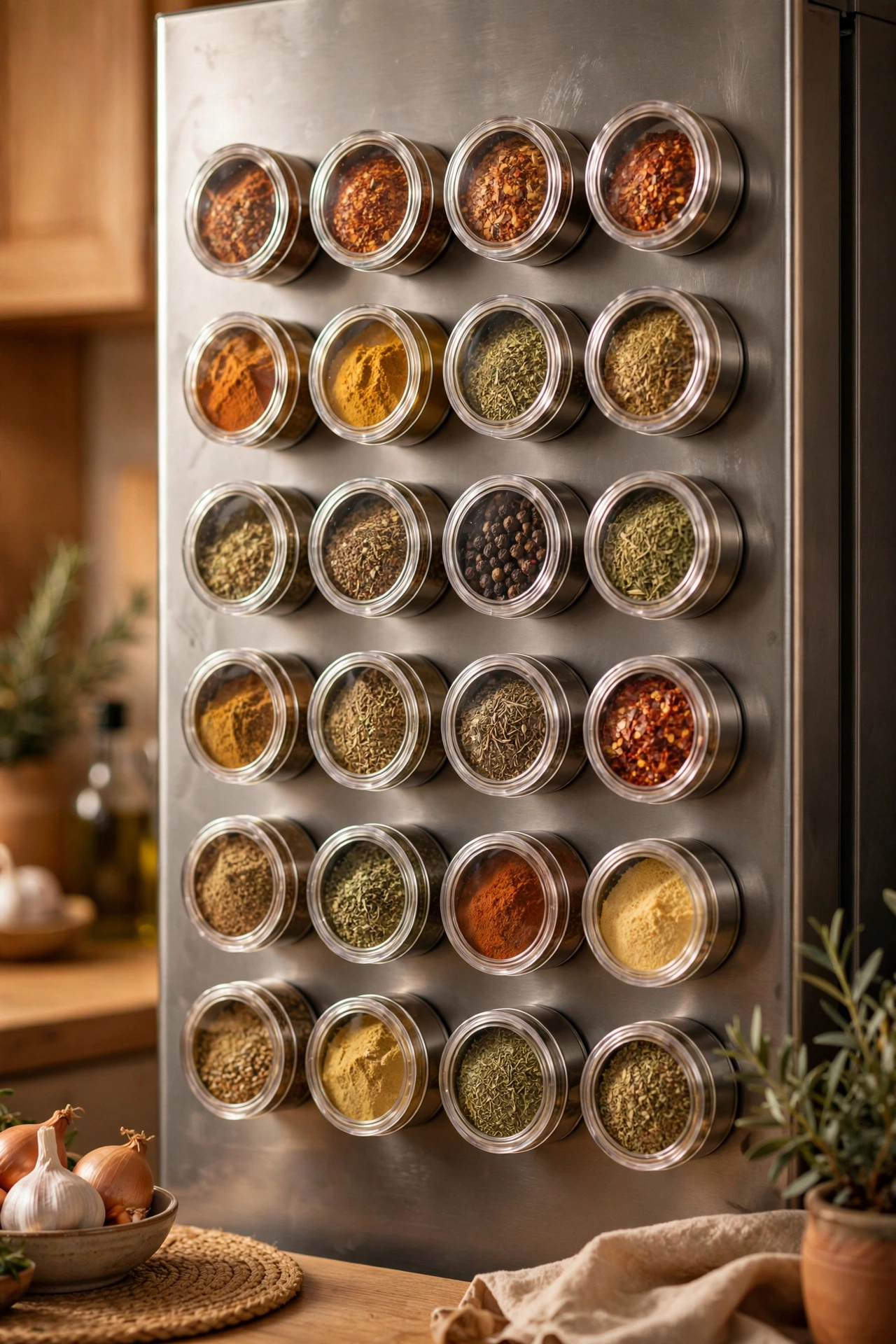 Magnetic spice tins with clear lids on the side of a fridge