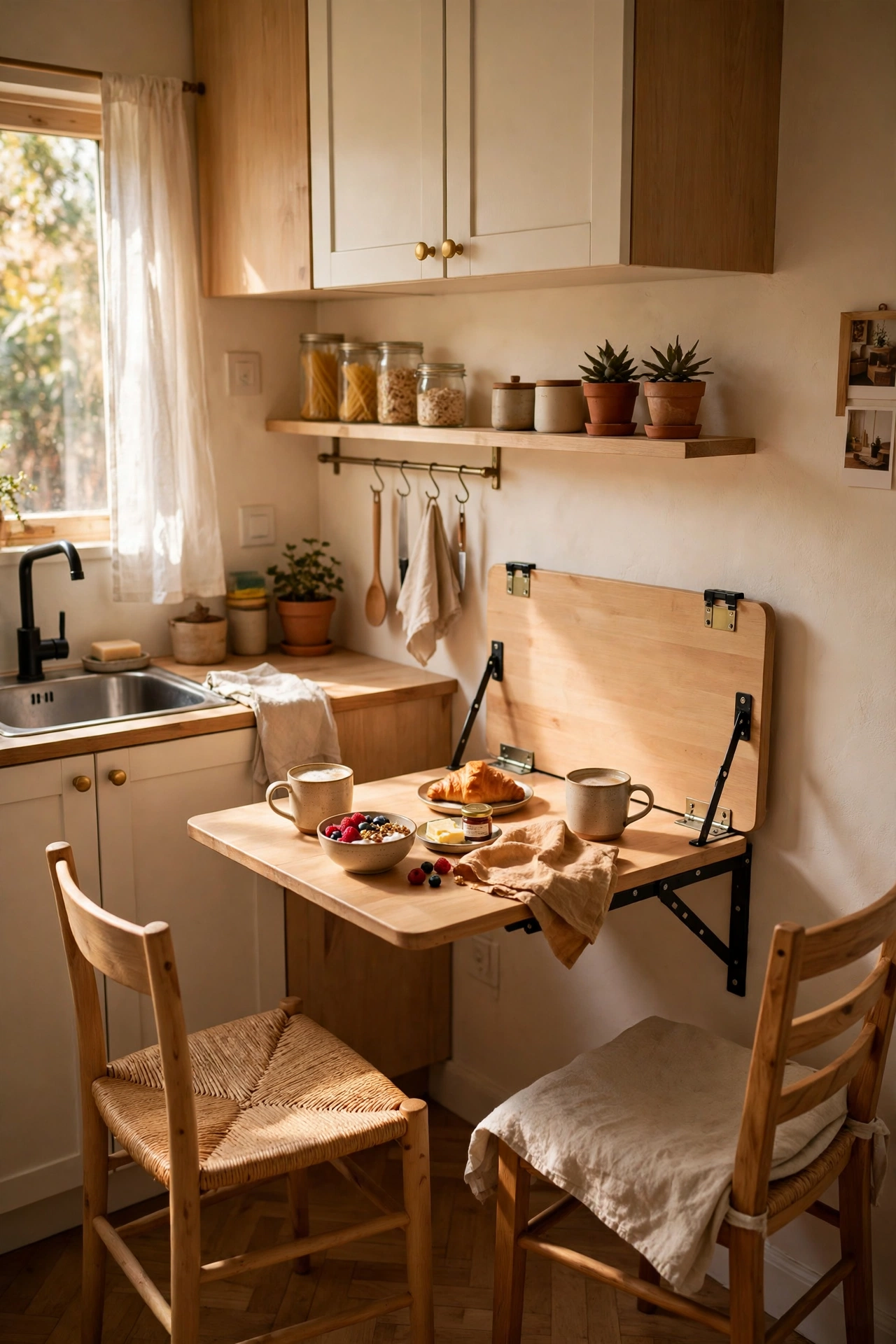 Fold-down wall table in a tiny apartment kitchen