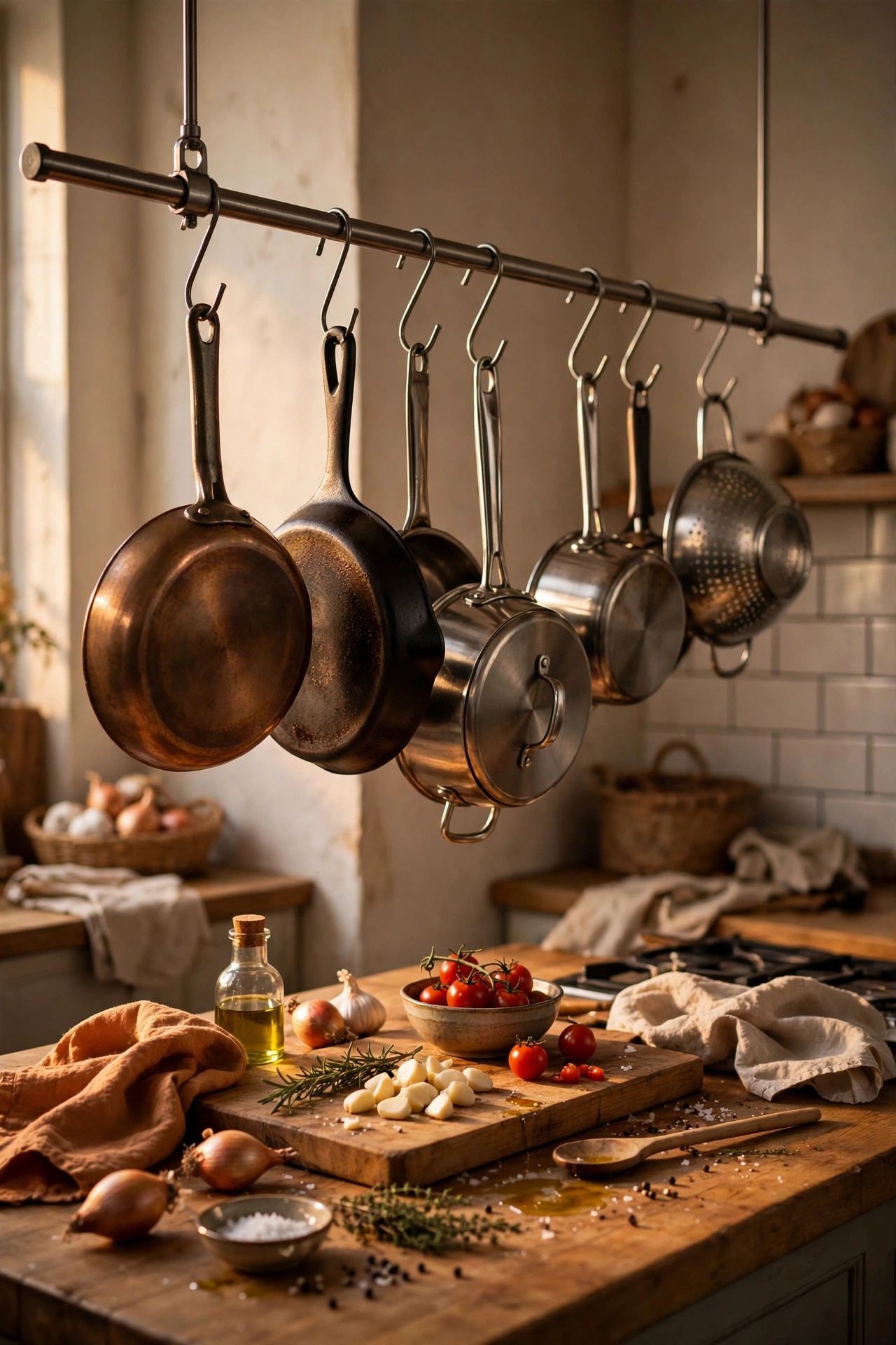 Tension-mounted rail with hanging pots and pans in a kitchen