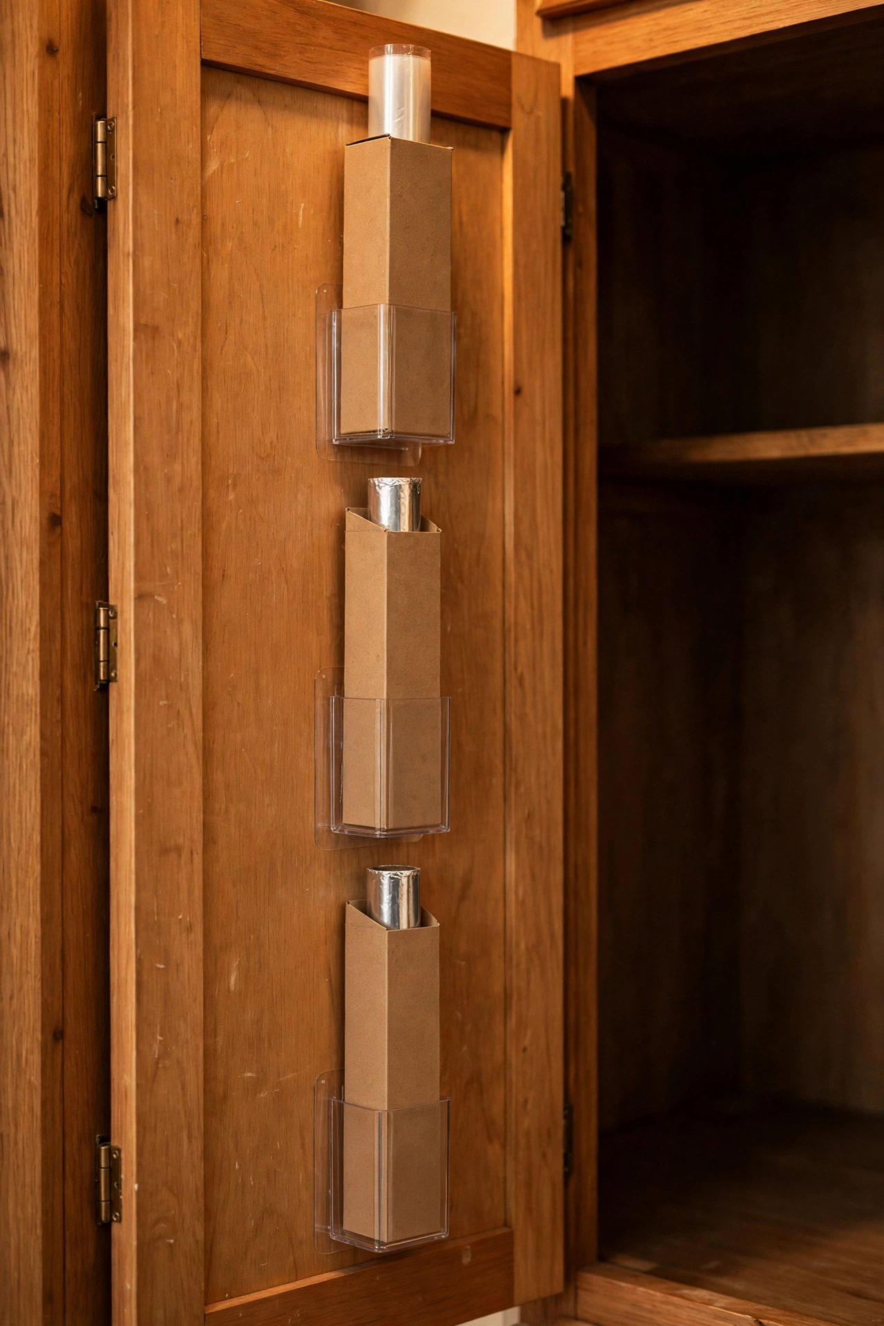 Adhesive holders for cling film and foil inside a cupboard door