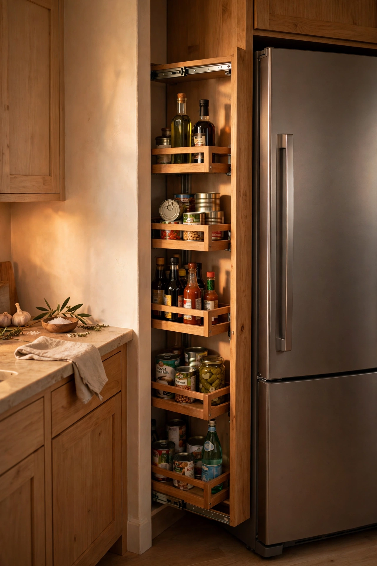 Slim pull-out tower sliding from the gap beside a fridge