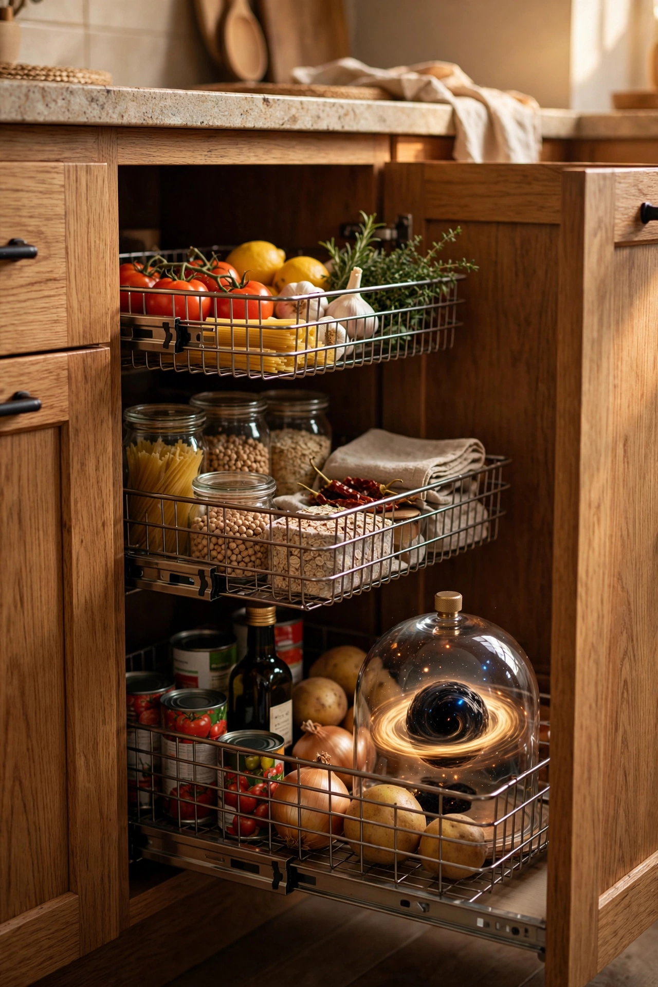 Stackable baskets organising a deep kitchen base cabinet