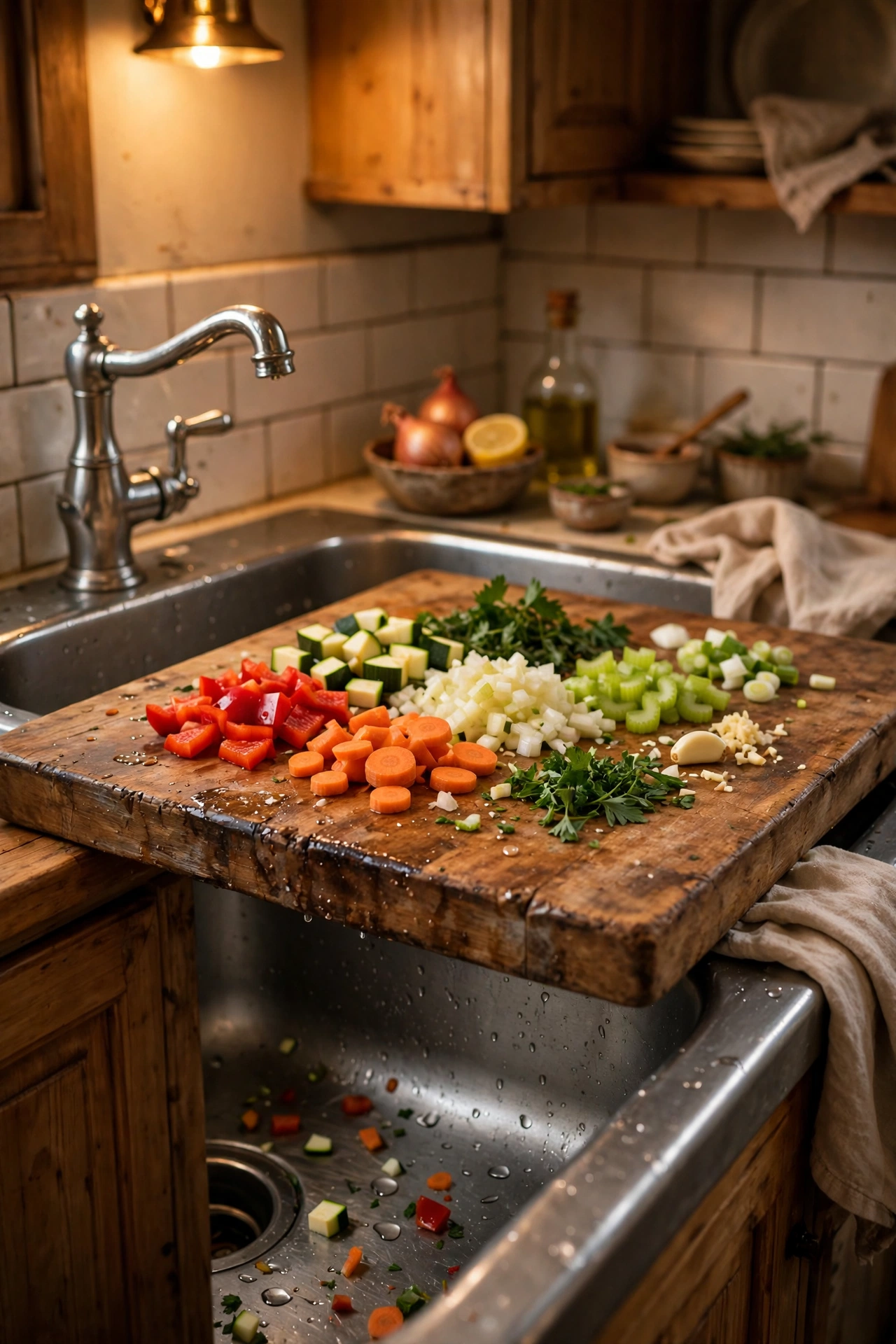 Sturdy cutting board sitting across a kitchen sink as extra counter