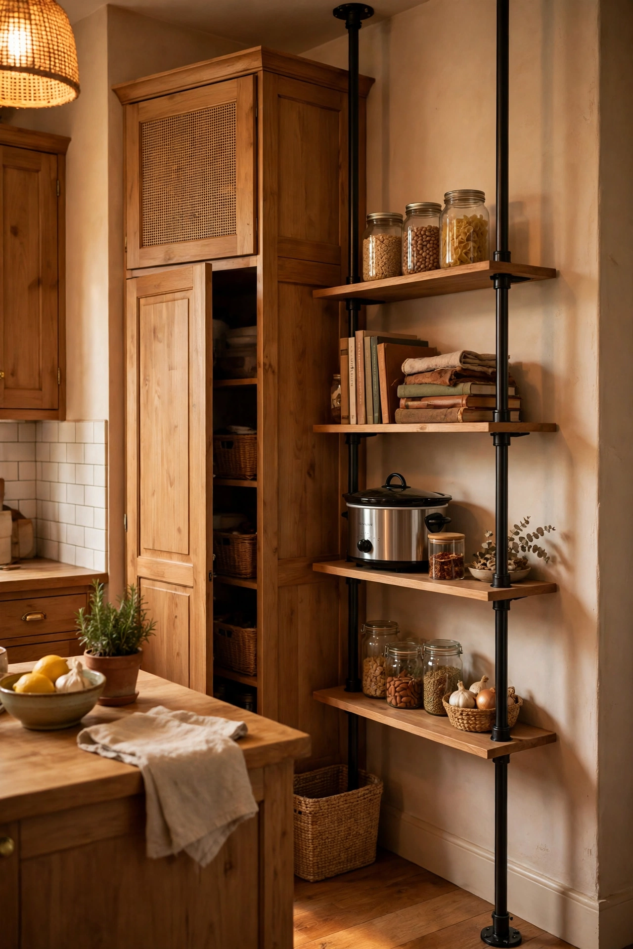 Floor-to-ceiling tension pole with shelves in a kitchen corner