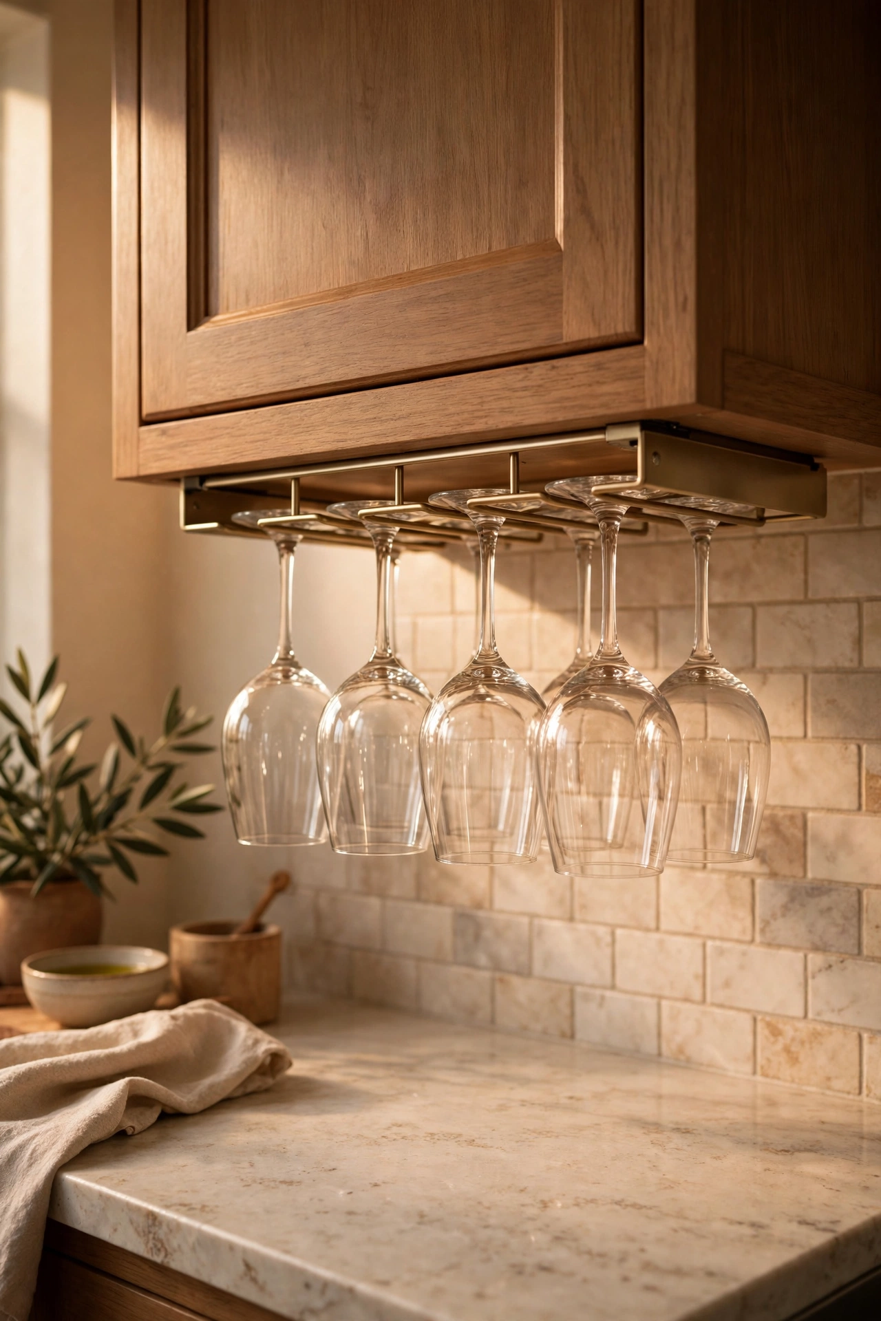 Wine glasses hanging by their stems from an under-cabinet rack