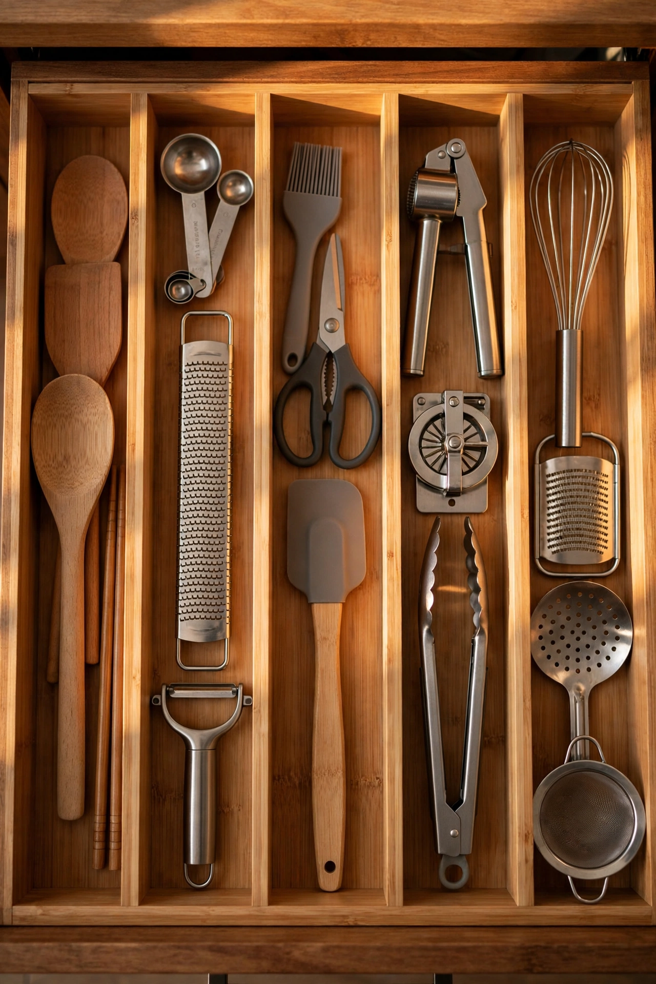 Kitchen utensil drawer with bamboo dividers in neat lanes