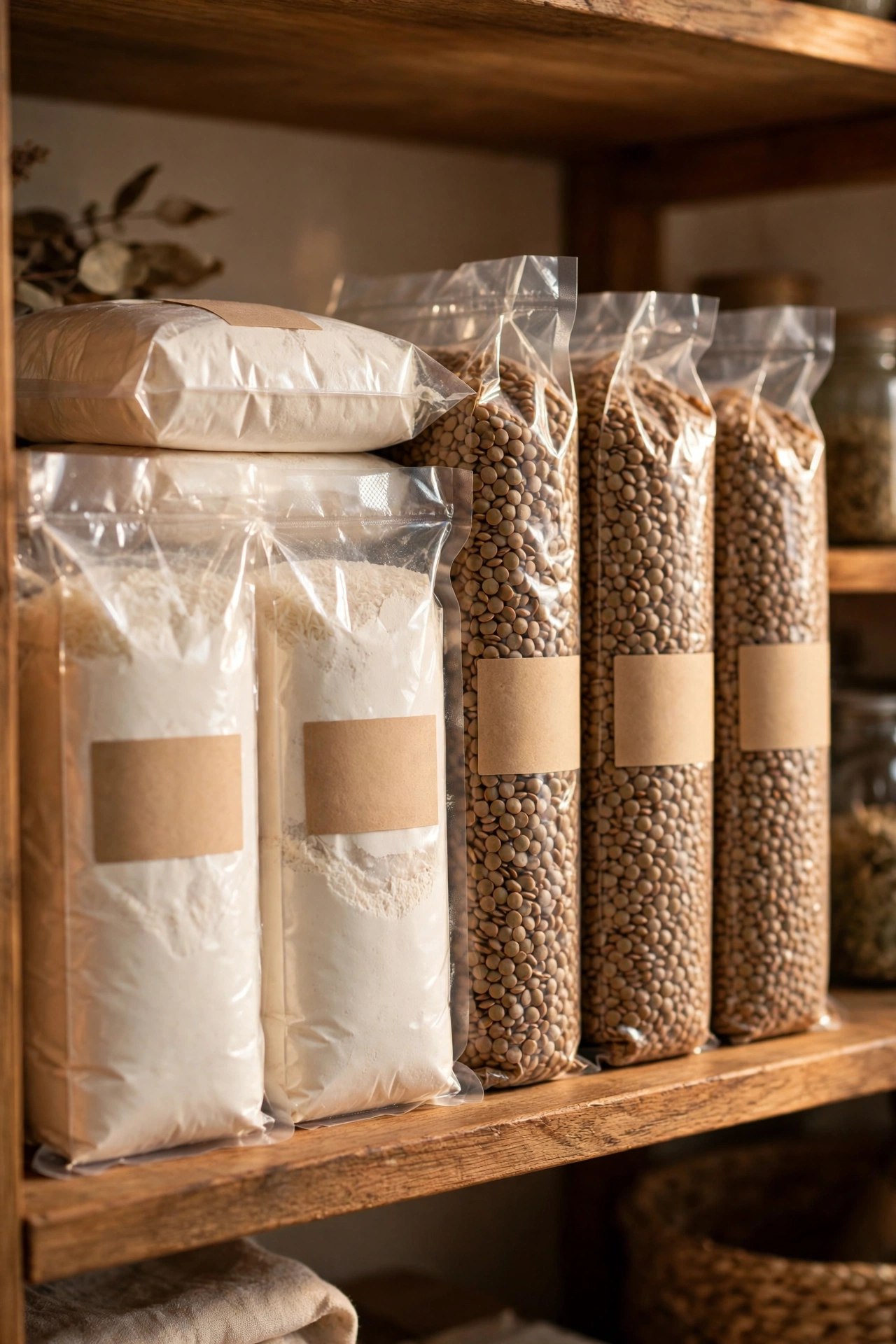 Vacuum-sealed bags of dry goods stacked like books on a shelf