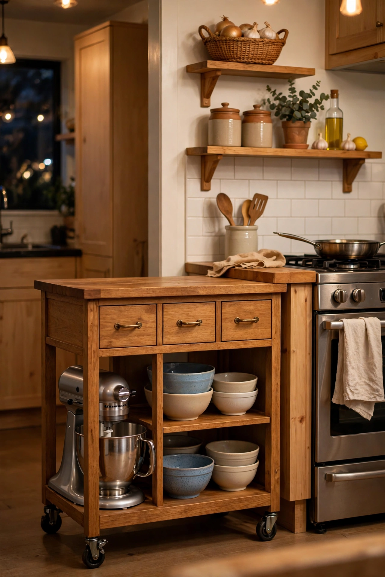 Small rolling kitchen island with storage in an apartment
