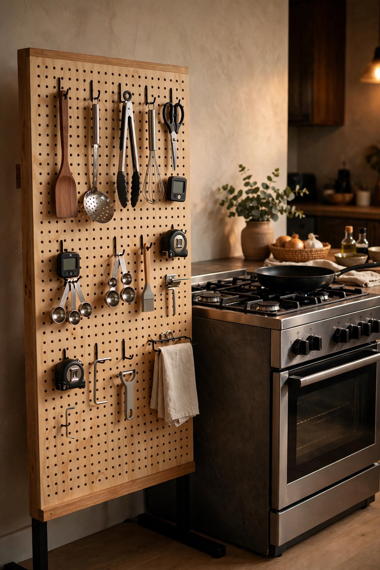 Pegboard wall organiser with kitchen utensils beside a cooker