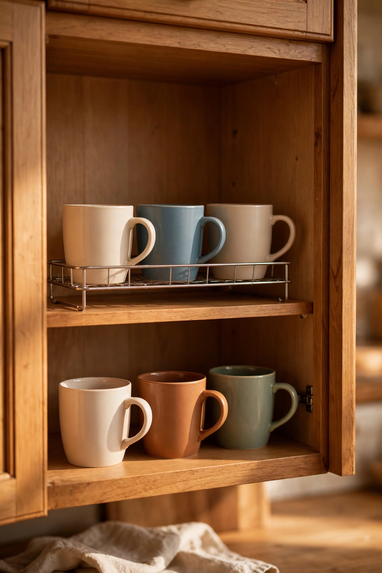 Wire shelf riser doubling mug storage inside a cabinet