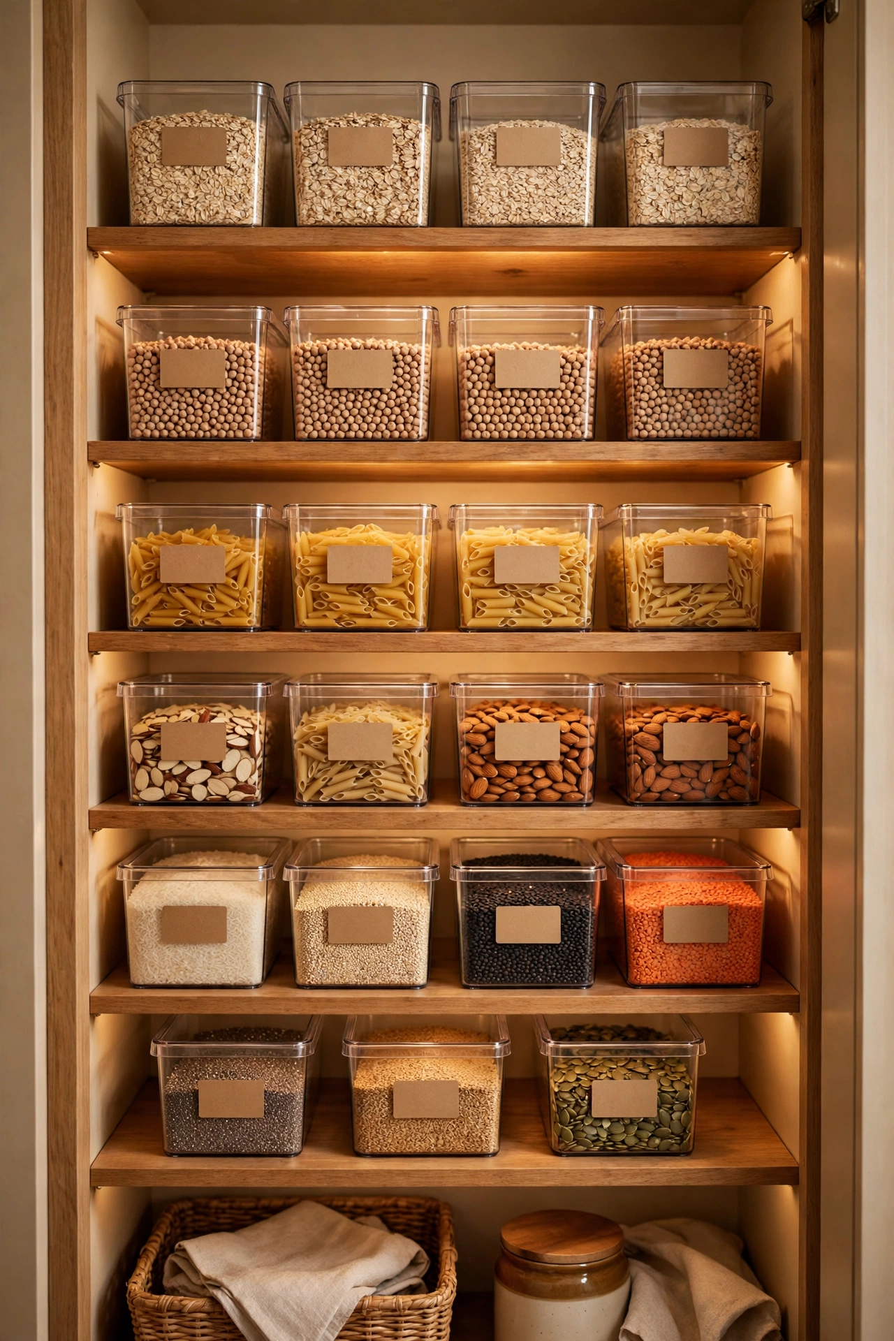 Clear stacking bins with labels in a kitchen pantry