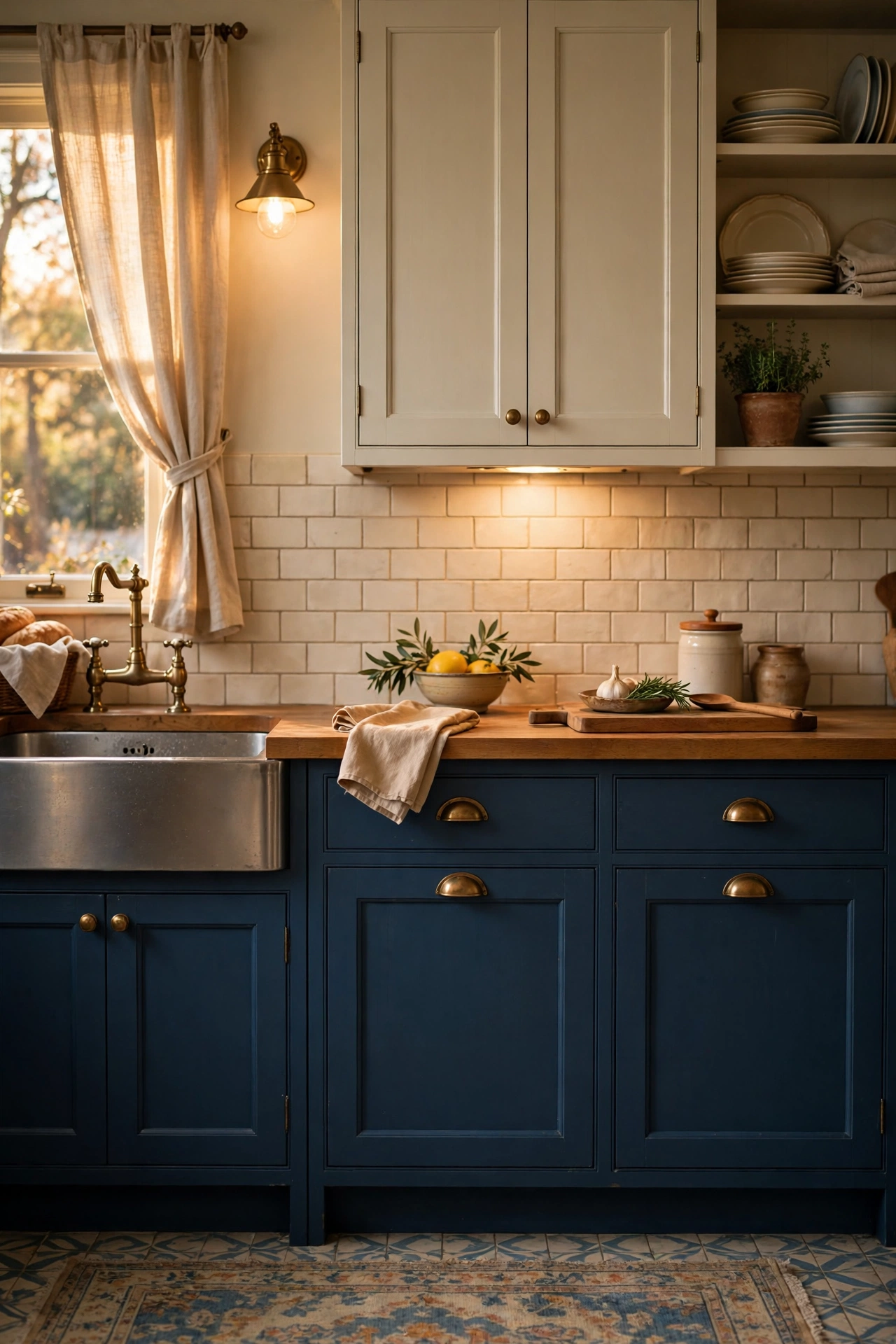 Navy blue painted lower kitchen cabinets with brass cup pulls