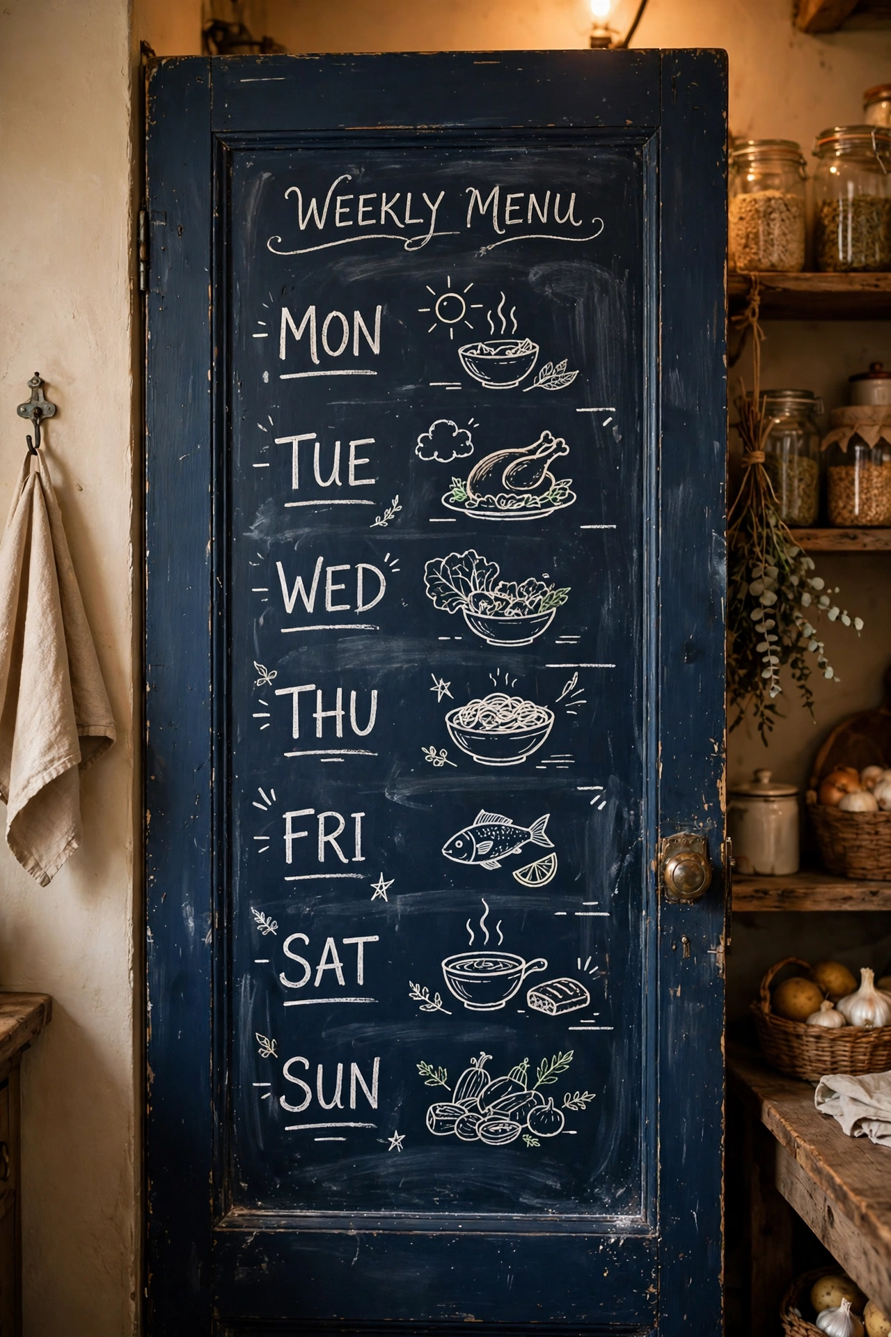 Pantry door painted in navy chalkboard paint with chalk menu