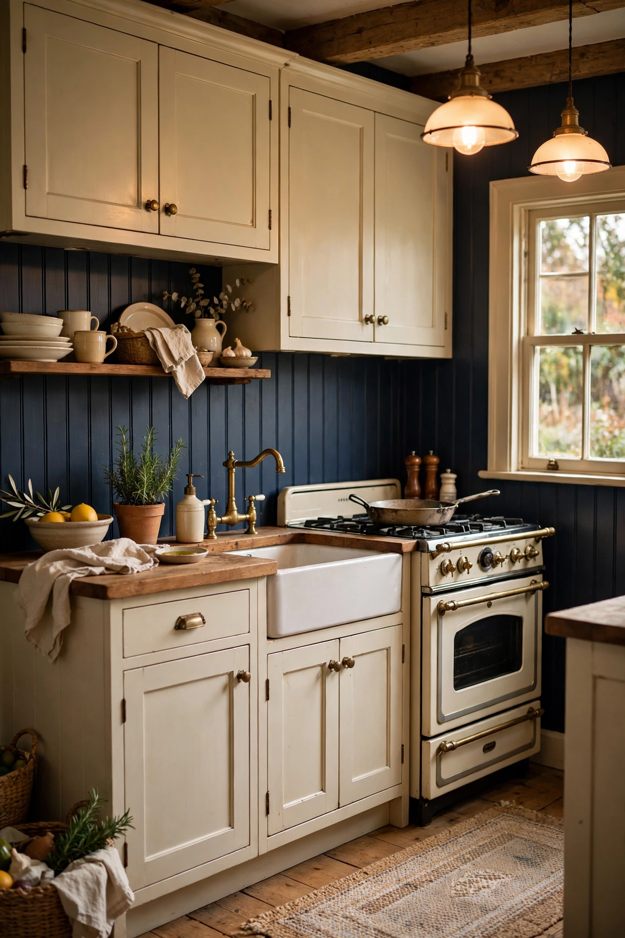 Beadboard backsplash painted deep navy in a farmhouse kitchen