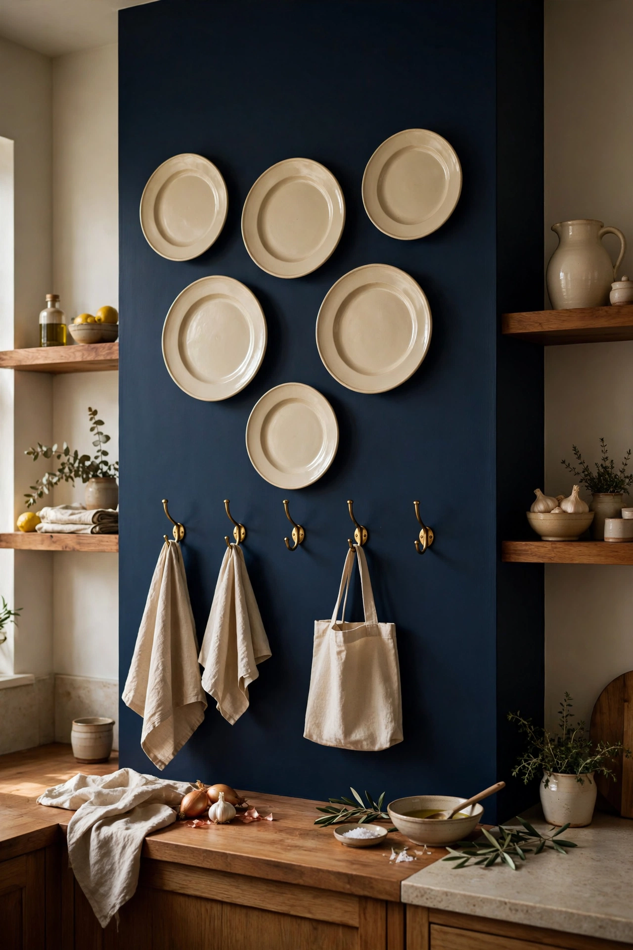 Deep inky navy feature wall with cream plates and brass hooks