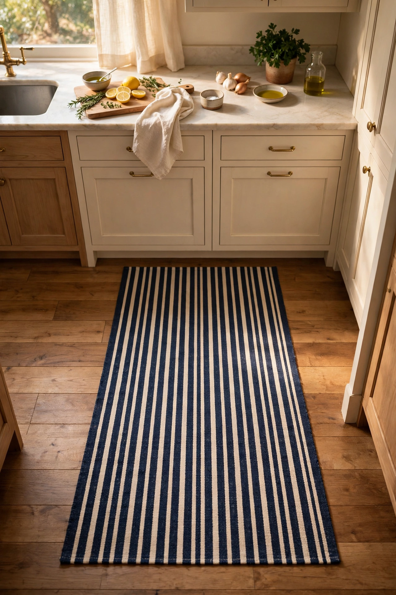 Navy and cream striped flatweave runner on a kitchen floor