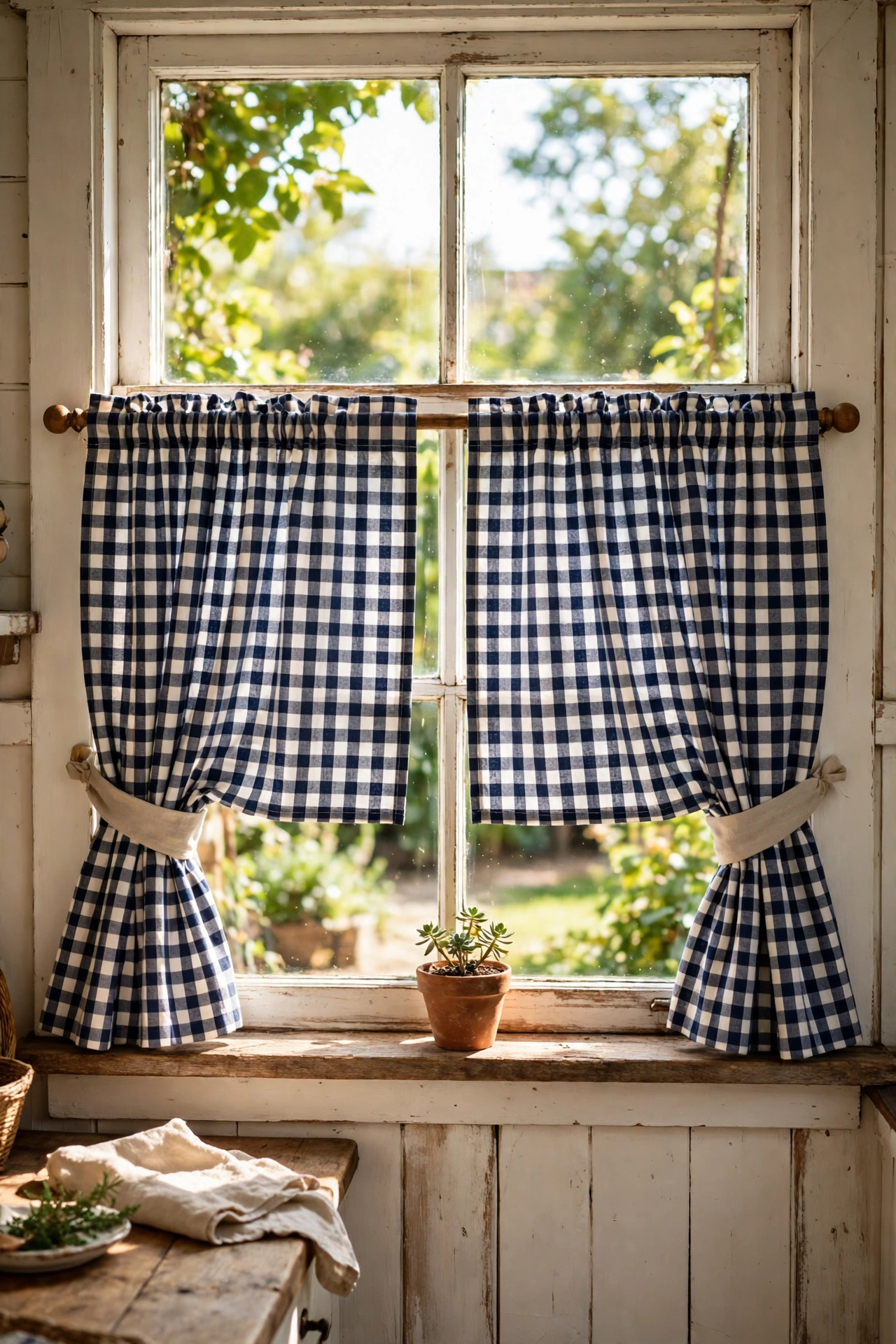 Navy and white gingham cafe curtains on a kitchen window