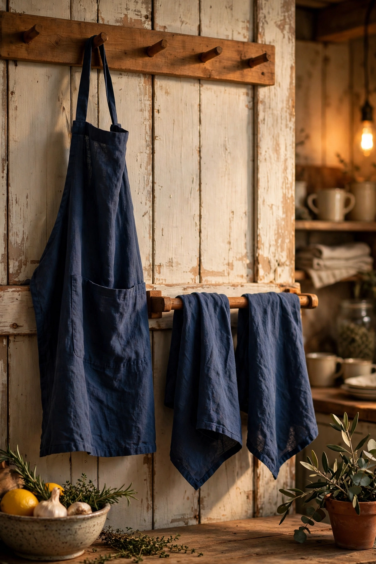 Navy linen apron on a peg with matching tea towels on a rail