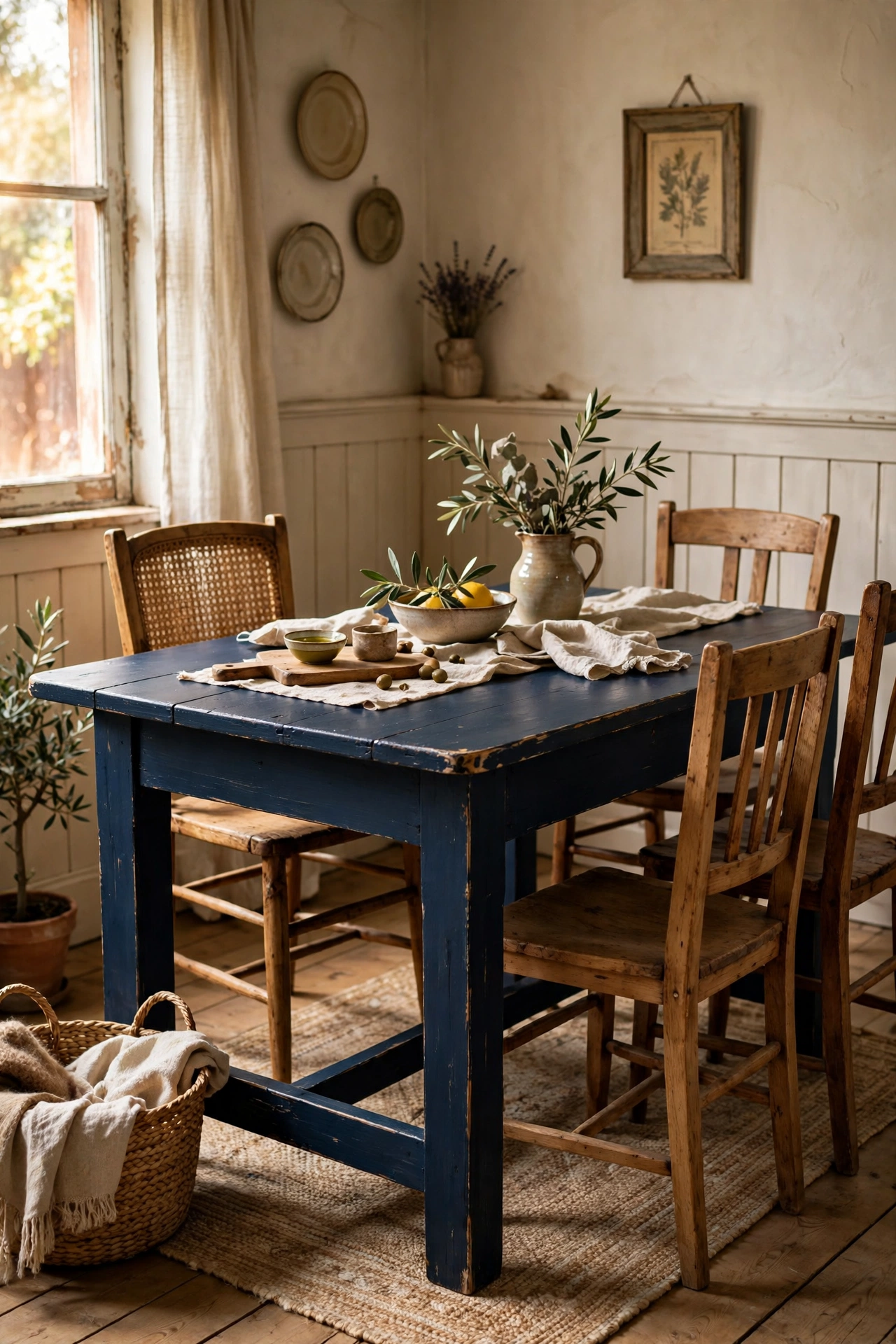 Second-hand farmhouse table painted deep navy in a kitchen