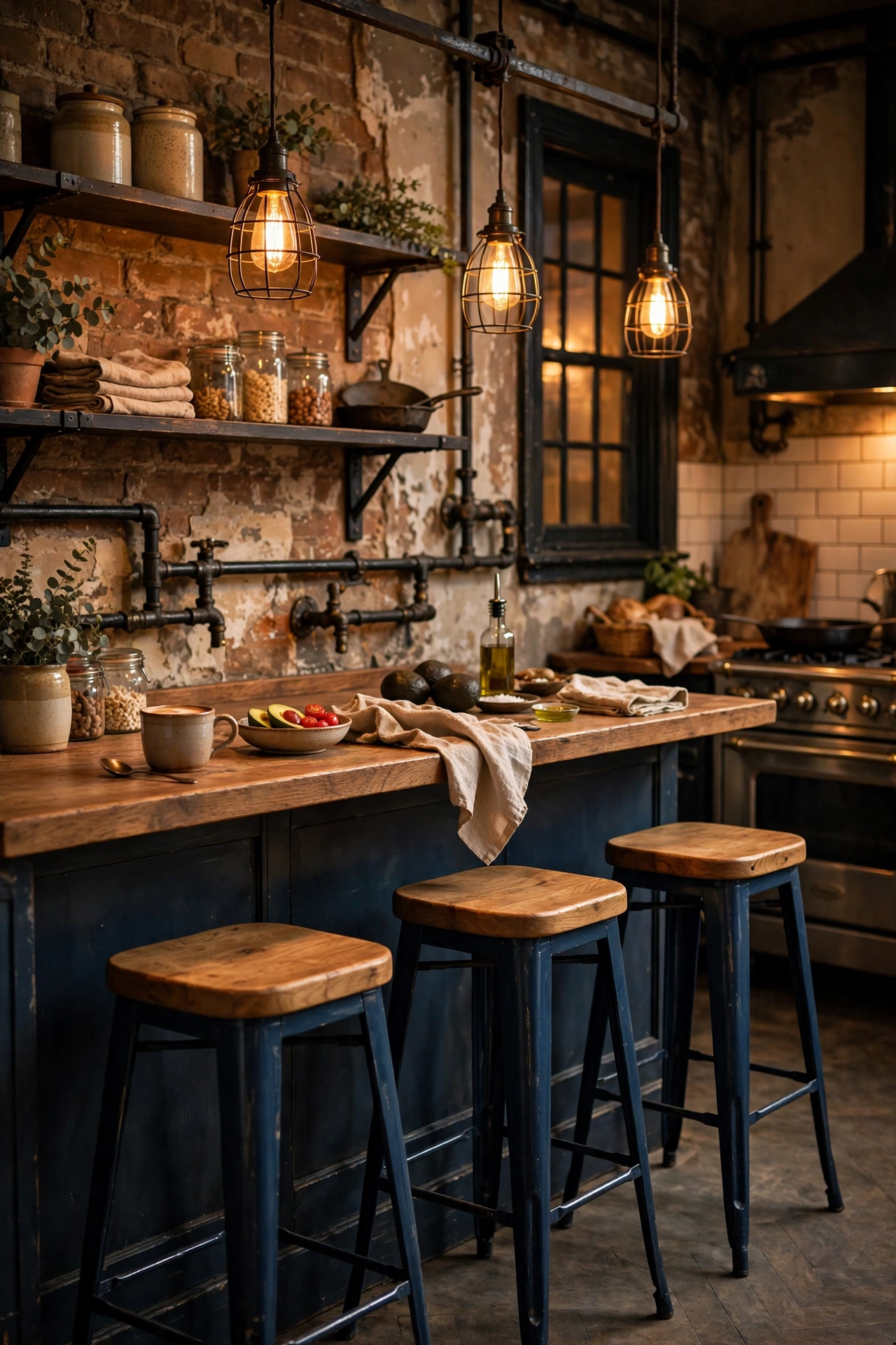 Bar stools with navy painted legs and natural wooden seats