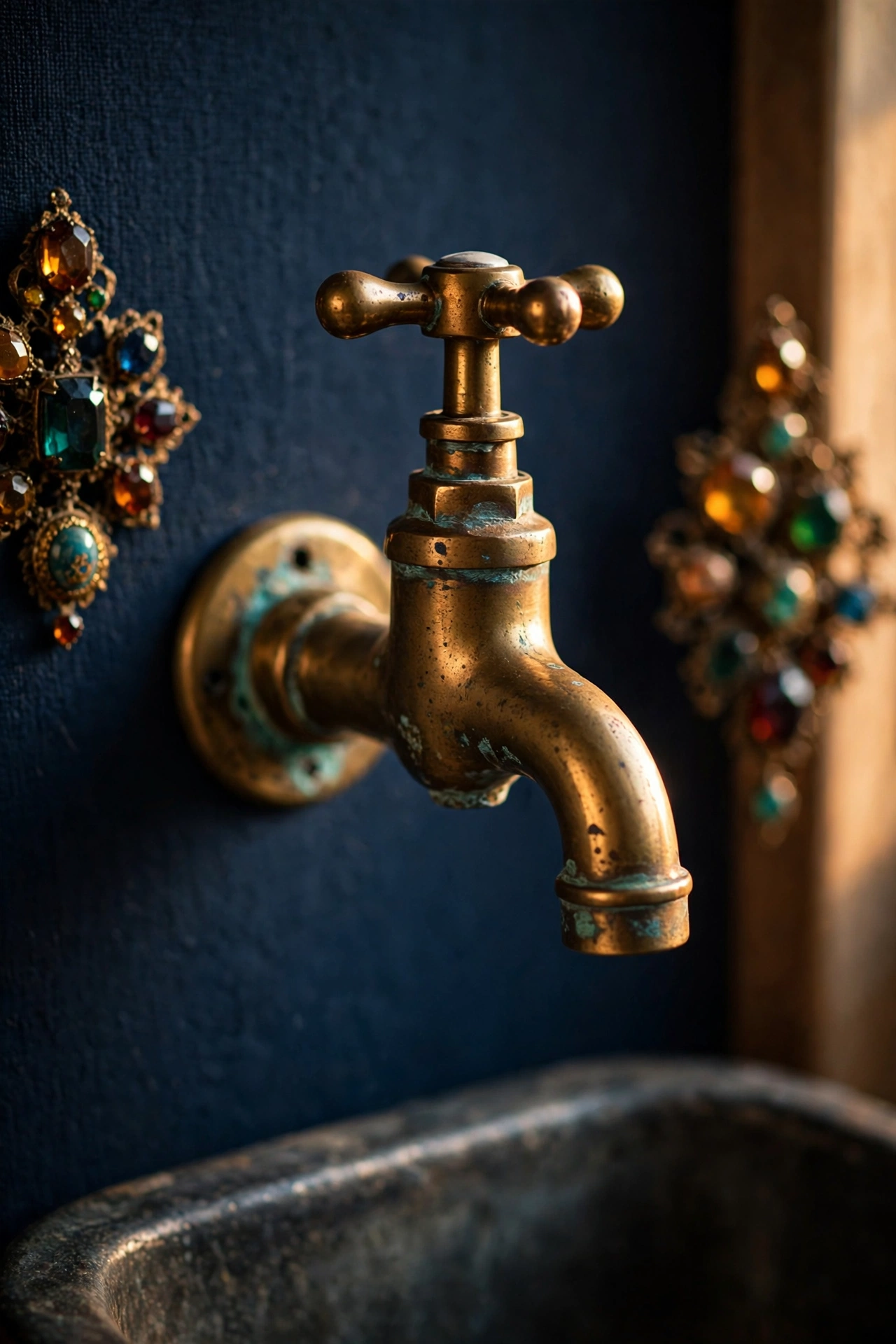 Brass tap glowing against a navy kitchen backdrop
