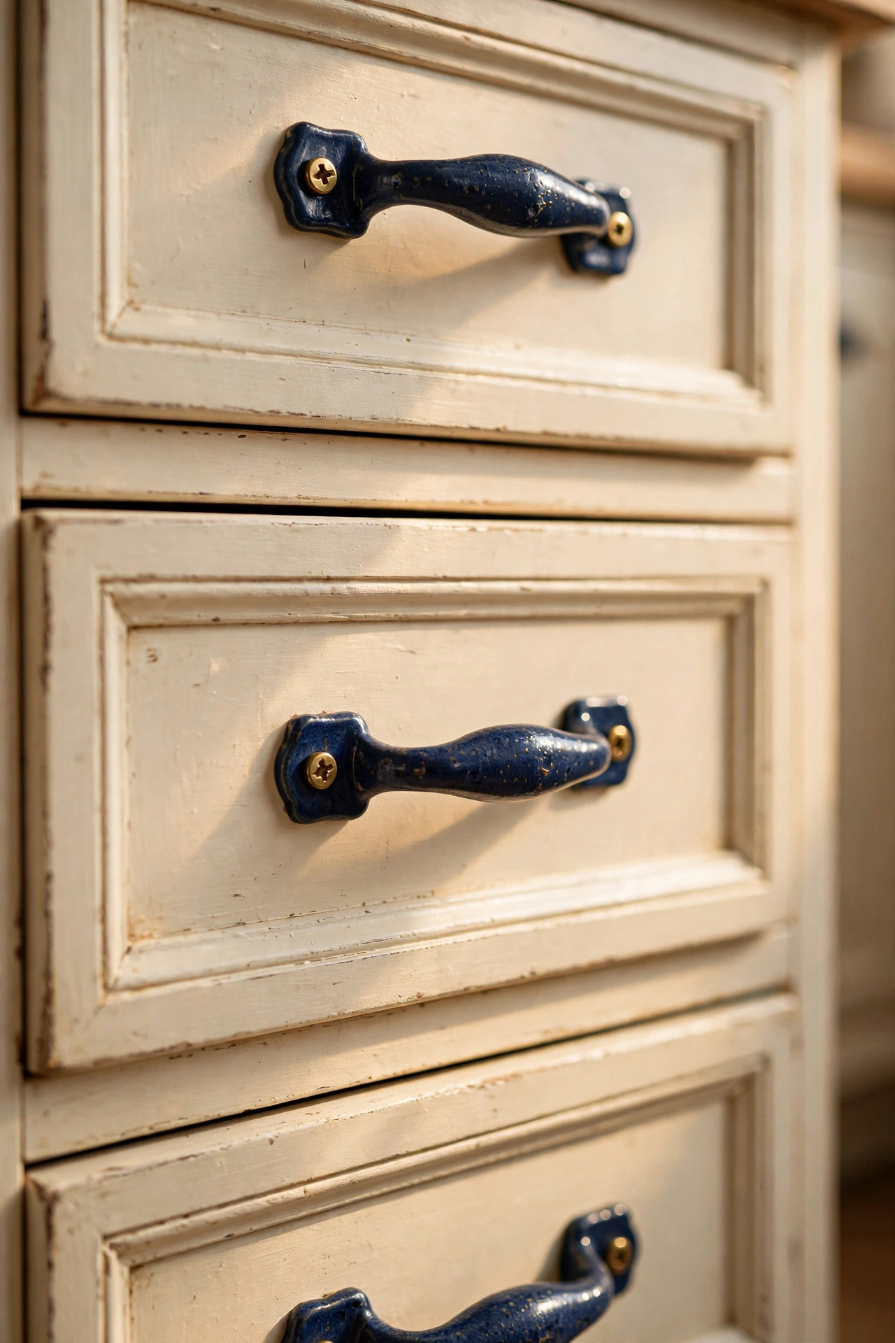Cream drawers with navy ceramic pulls and brass screws