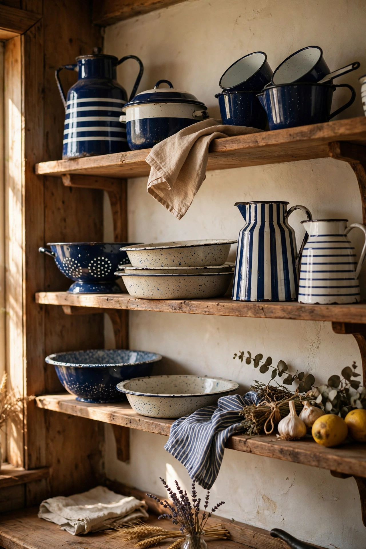 Vintage navy and white enamelware displayed on open shelves