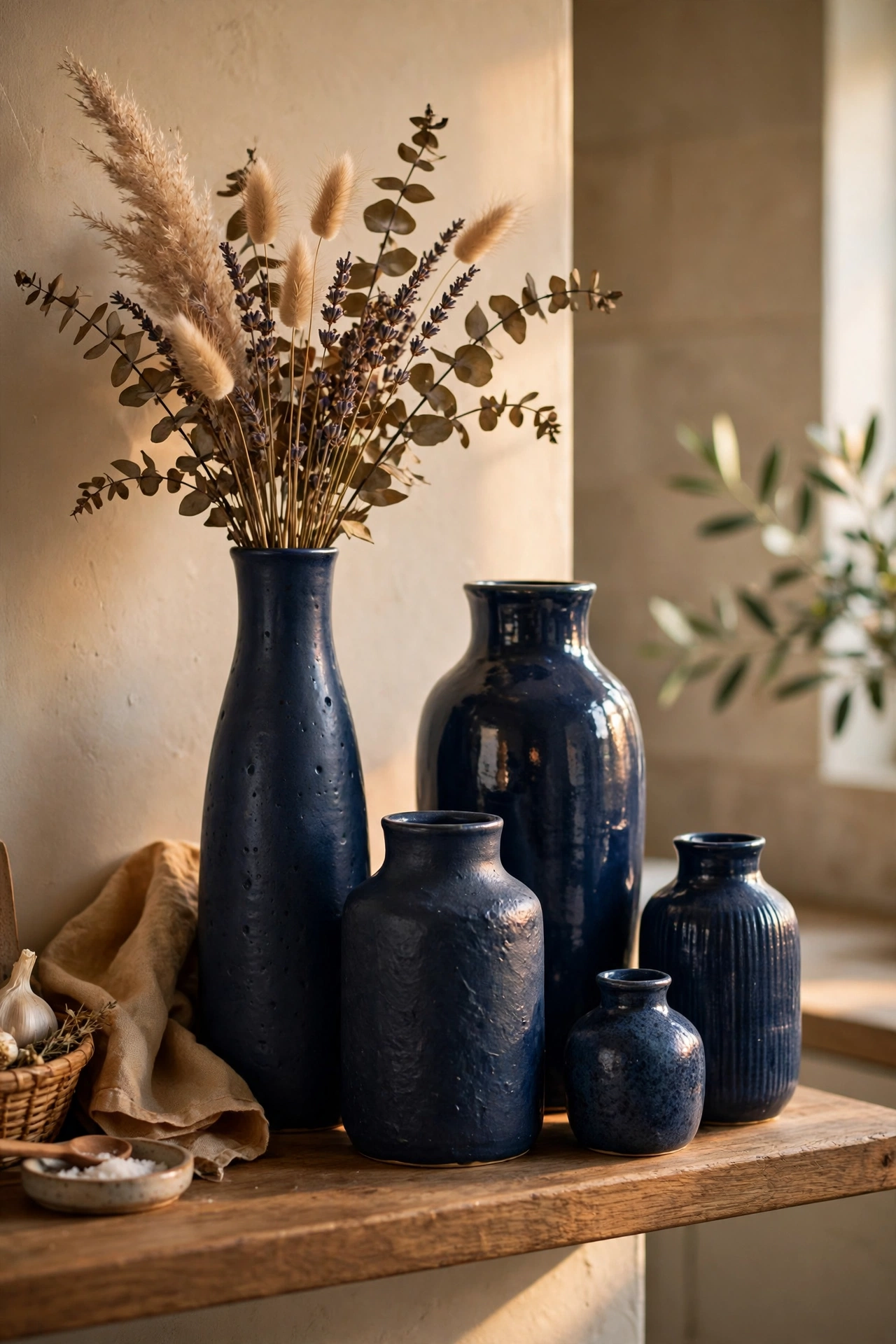 Cluster of navy ceramic vases in varied shapes on a shelf