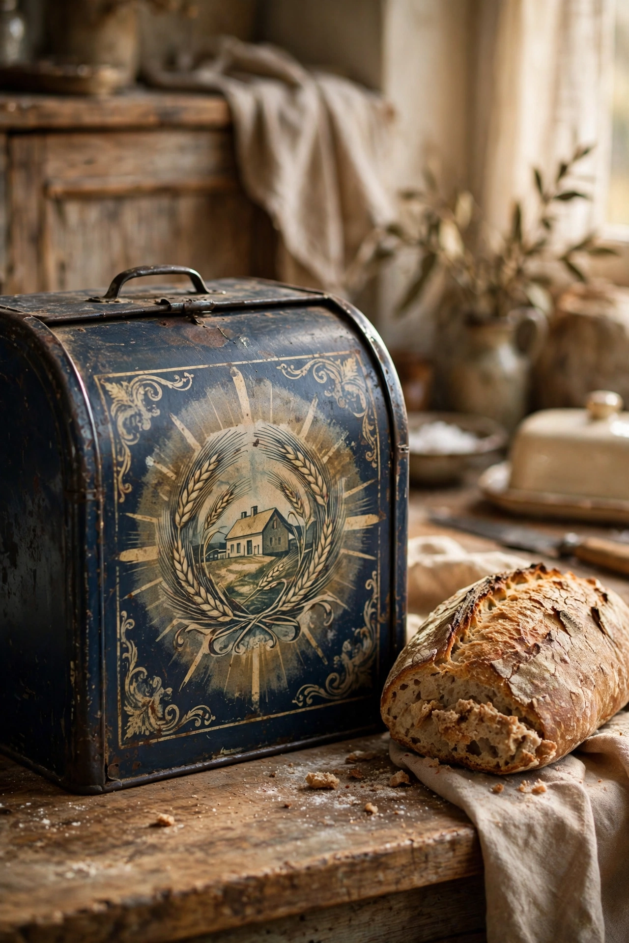 Antique navy tin bread box with faded advertising print