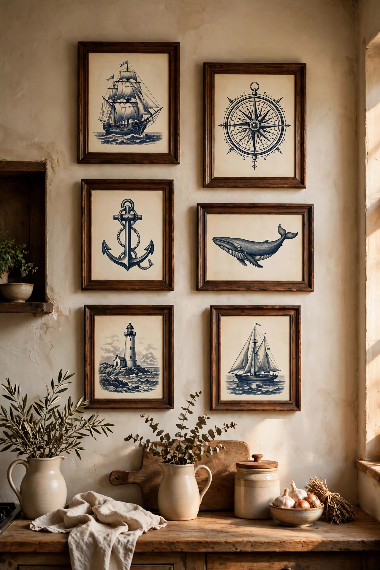 Vintage prints with navy artwork in dark wood frames on a wall