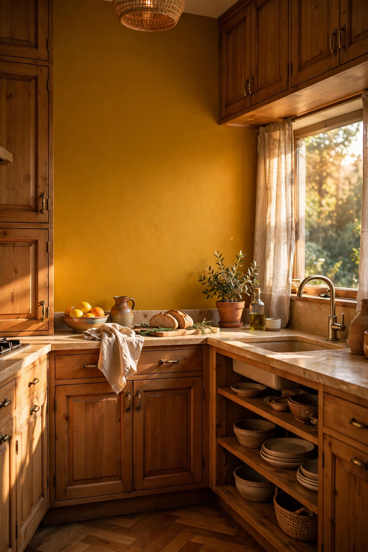 Kitchen accent wall painted in deep turmeric mustard