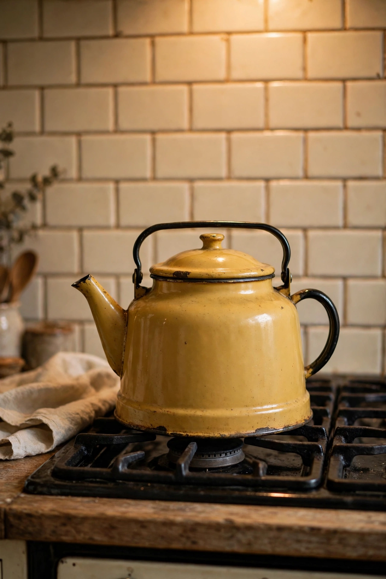 Vintage mustard enamel stovetop kettle on a hob